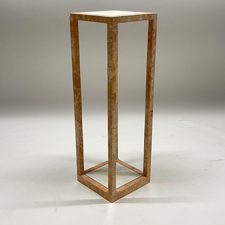 Brass Post-Modern Tessellated Pink Marble and Coral Stone Pedestal by Maitland Smith For Sale