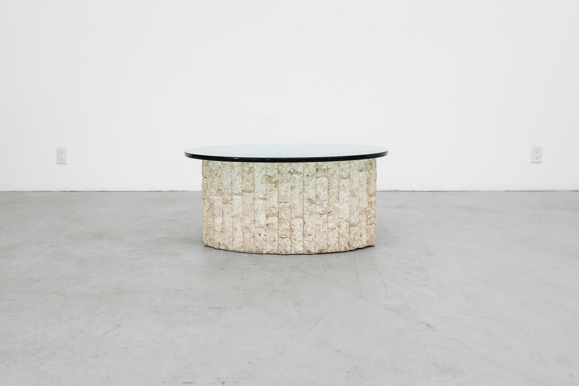 Post-Modern Tessellated Stone Coffee Table with Glass by Magnussen Ponte, 1995 In Good Condition For Sale In Los Angeles, CA
