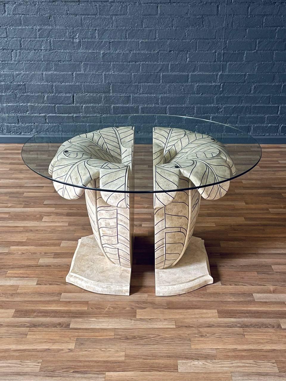 Post Modern Tessellated Stone Leaf Motif Split-Base Dining Table In Good Condition For Sale In Los Angeles, CA