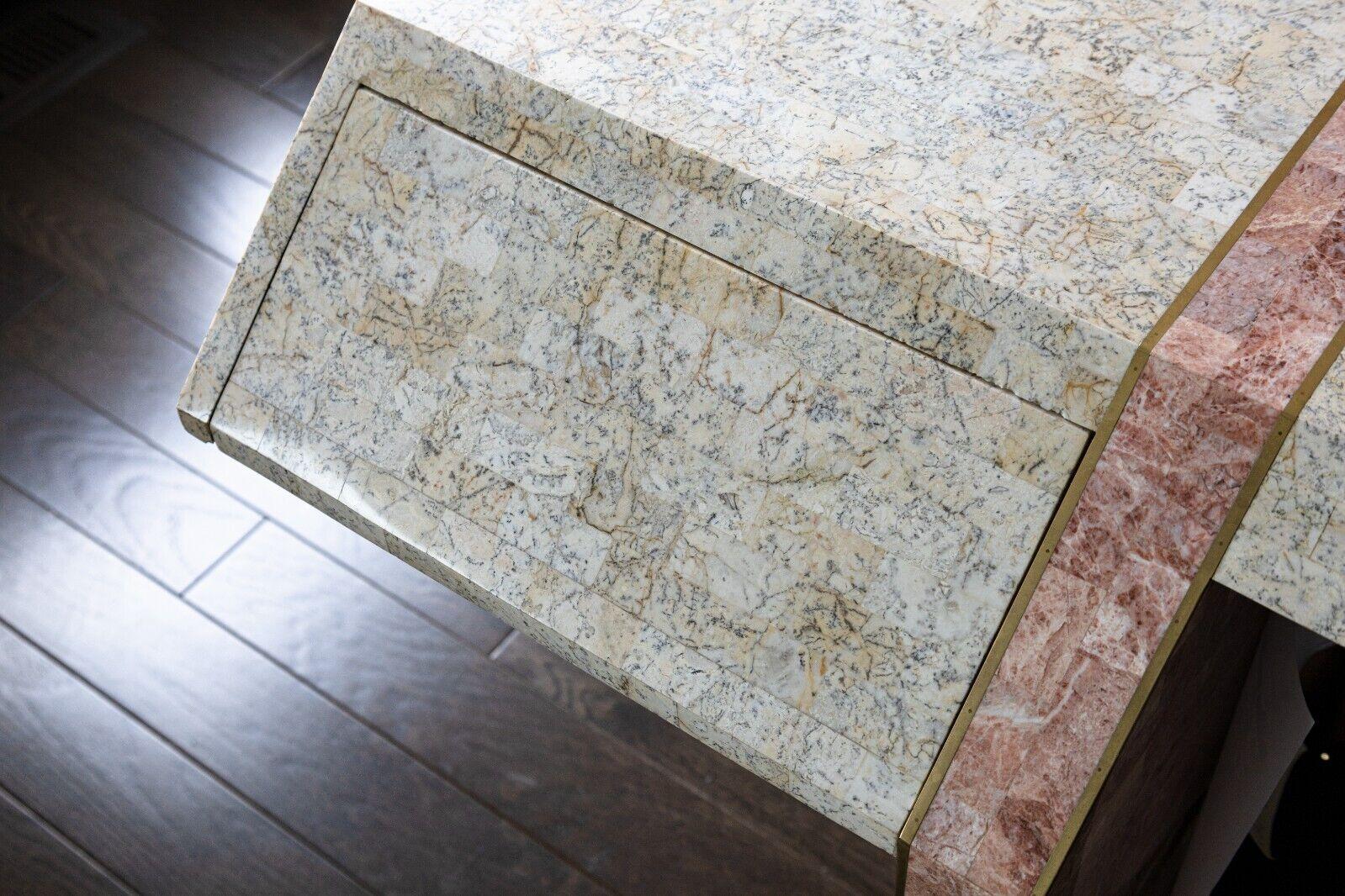 Post Modern Tessellated Stone Tile Brass Desk Robert Marcius for Maitland Smith In Good Condition For Sale In Keego Harbor, MI
