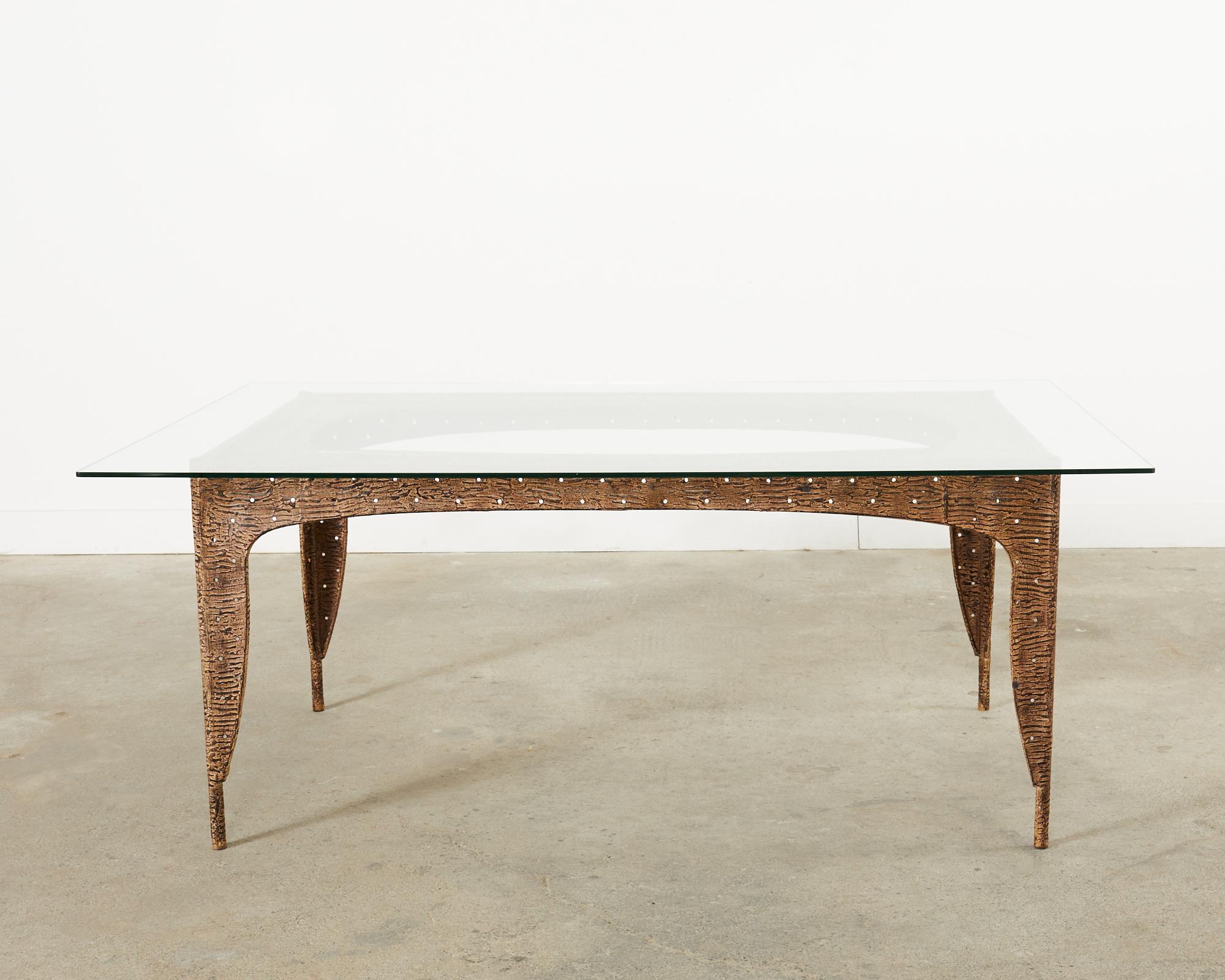 Post-Modern Post Modern Textured Steel Glass Top Dining Table  For Sale