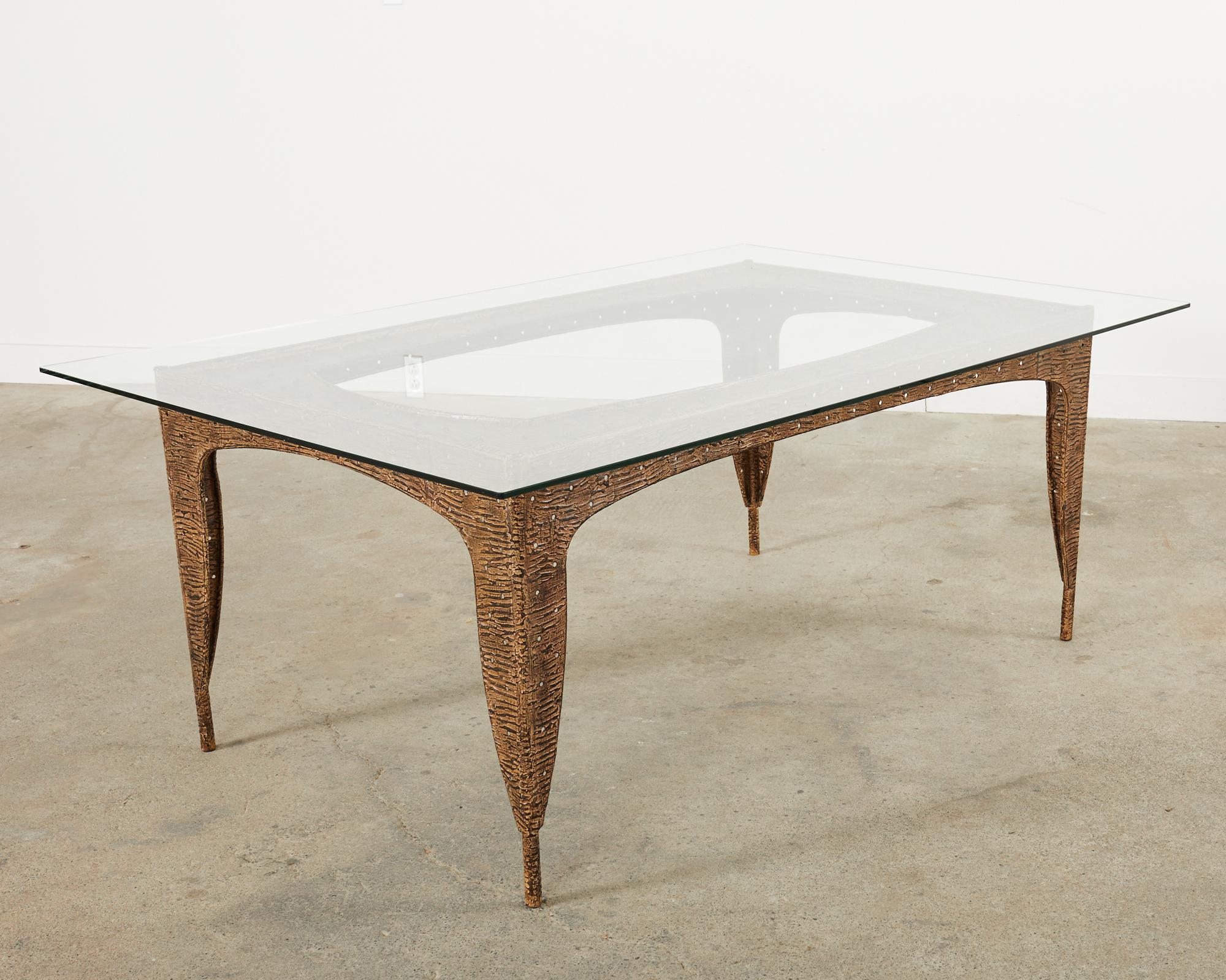 Lacquered Post Modern Textured Steel Glass Top Dining Table  For Sale