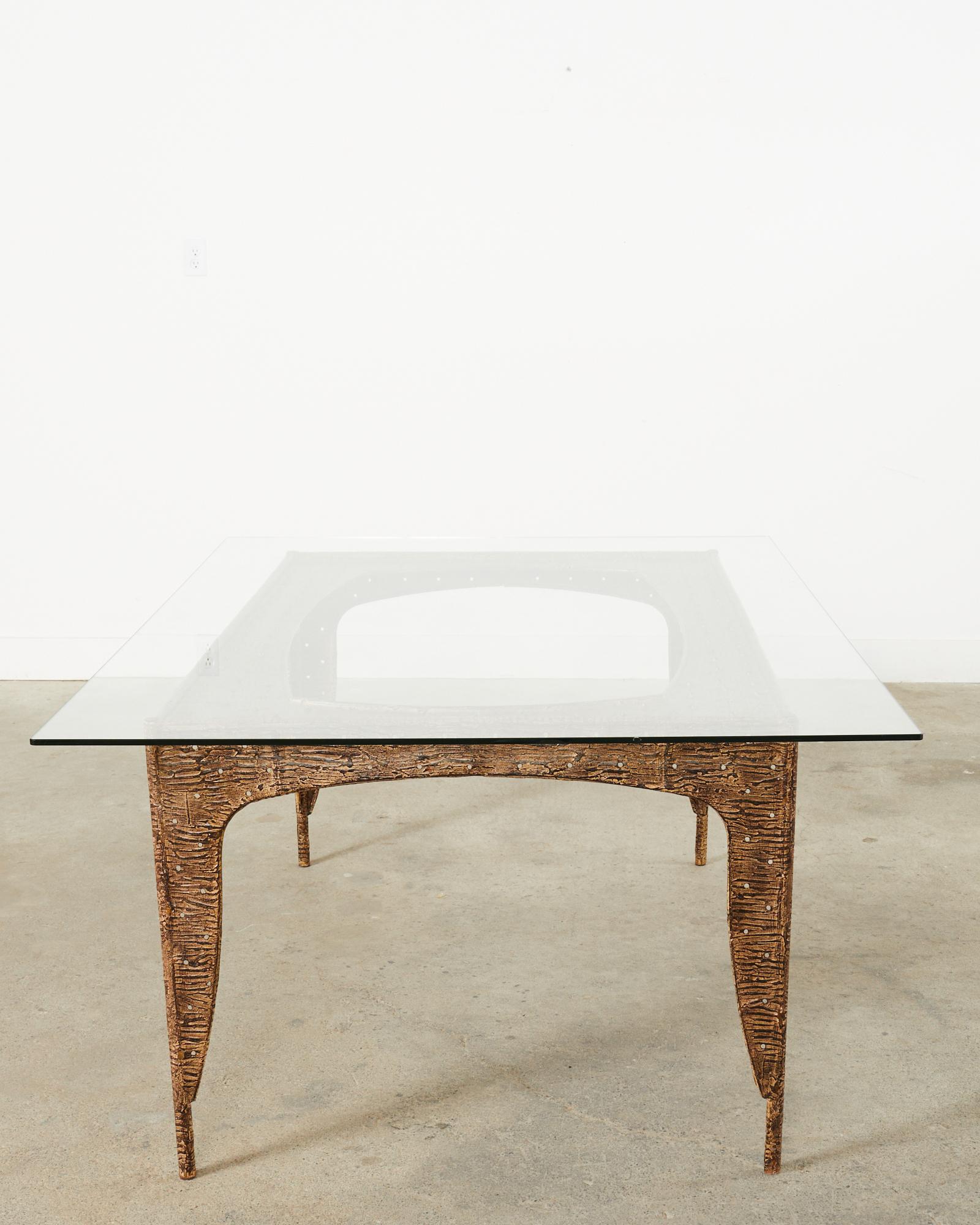 Post Modern Textured Steel Glass Top Dining Table  In Good Condition For Sale In Rio Vista, CA
