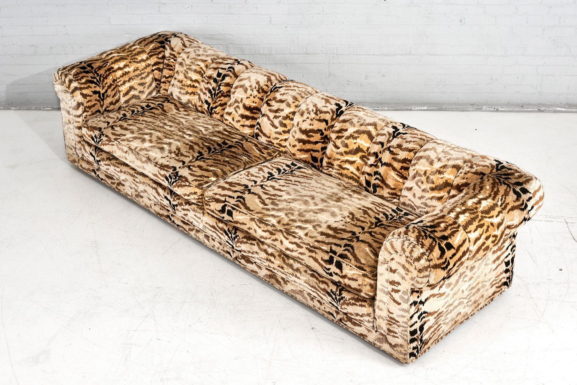 Post Modern Tiger Velvet Chesterfield Sofa, 1970 In Good Condition In Chicago, IL
