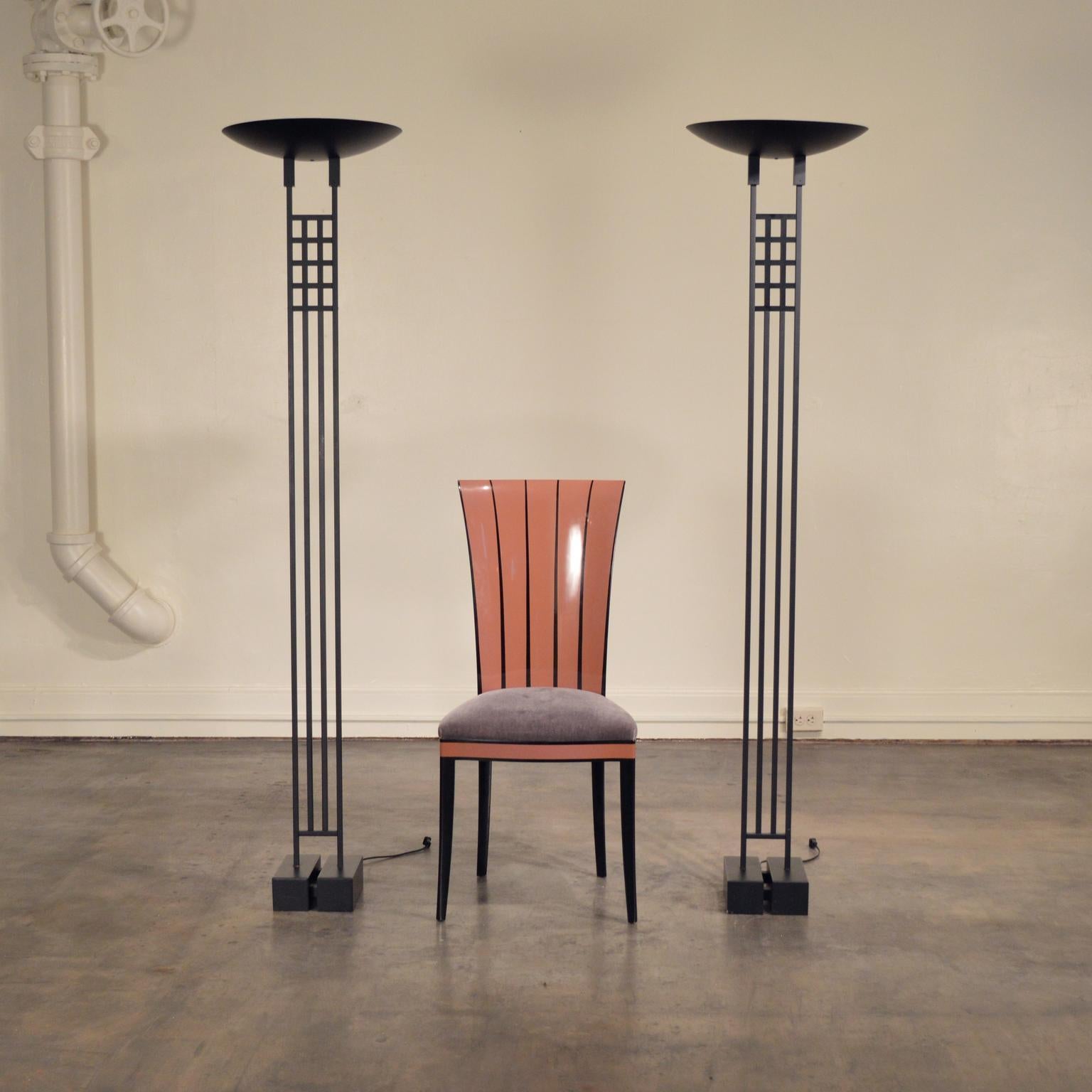 Late 20th Century Pair Black Post-Modern Torchiere Lamps by Robert Sonneman for Kovacs, 1980's For Sale