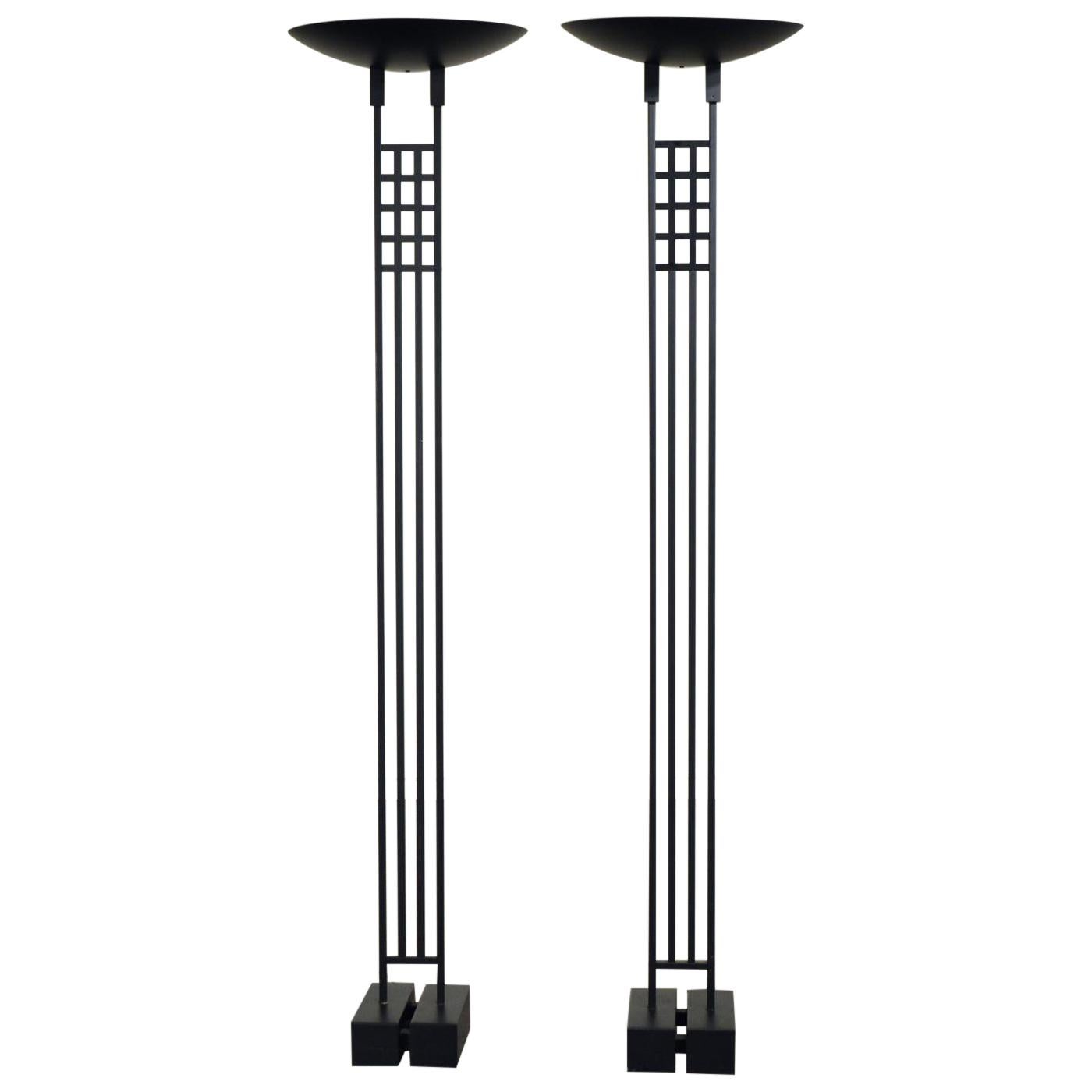 Pair Black Post-Modern Torchiere Lamps by Robert Sonneman for Kovacs, 1980's For Sale