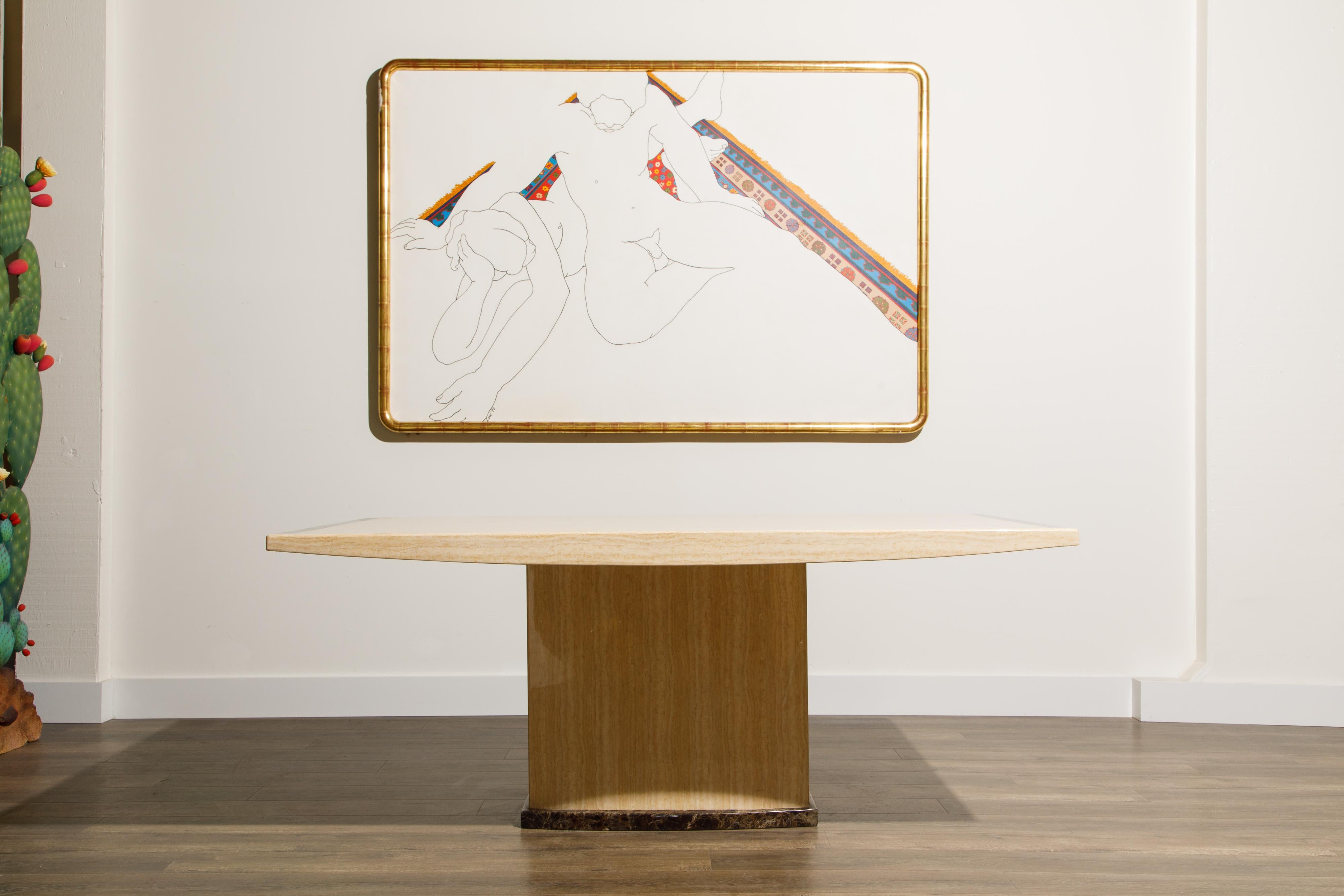 An incredibly stylish travertine and marble veneer dining table, circa 1990s, featuring a large rectangular top with gorgeous travertine veining and marble veneer edge detail which provides a bit of a regency and deco vibe, perfect for current day