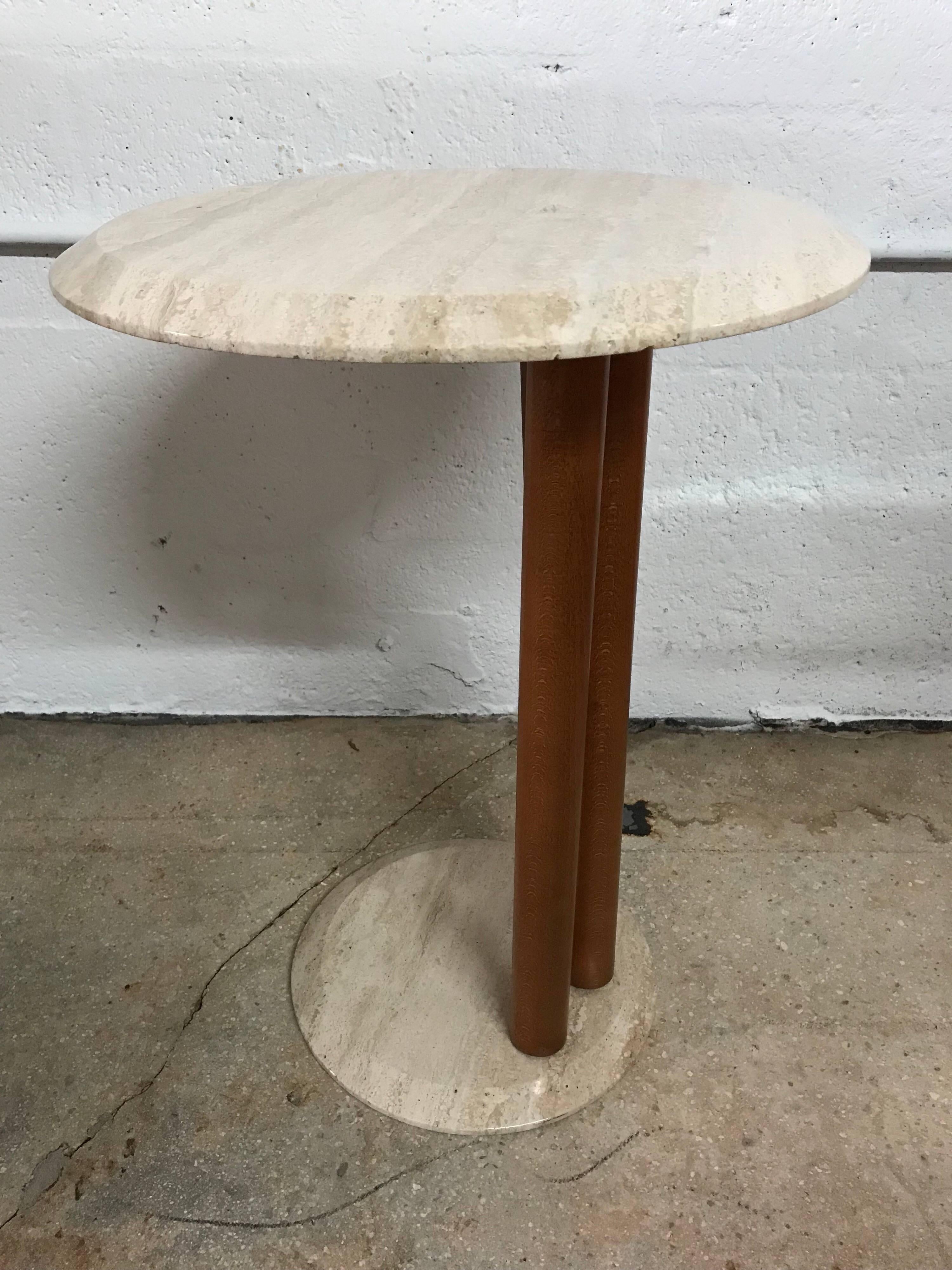 Beveled Post Modern Italian Travertine and Wood Side or End Table, Italy, 1980s