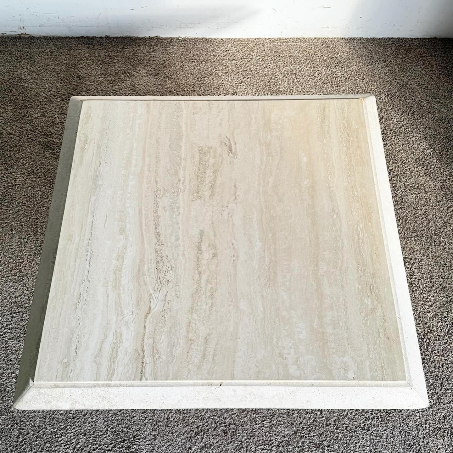 Italian Travertine Beveled Square Top Coffee Table In Good Condition For Sale In Delray Beach, FL