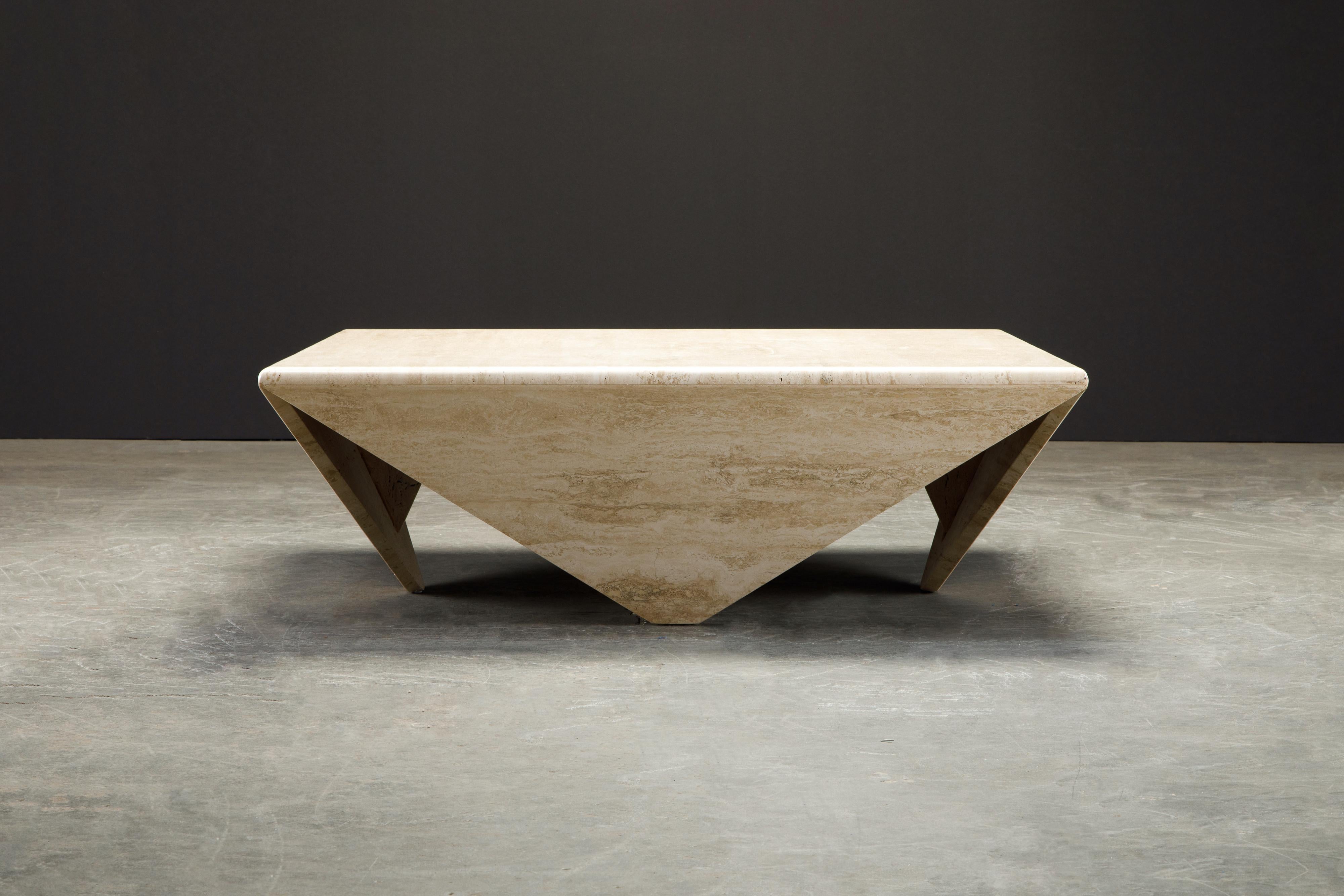 American Post-Modern Travertine Coffee Table with Unique Triangular Legs, circa 1980s