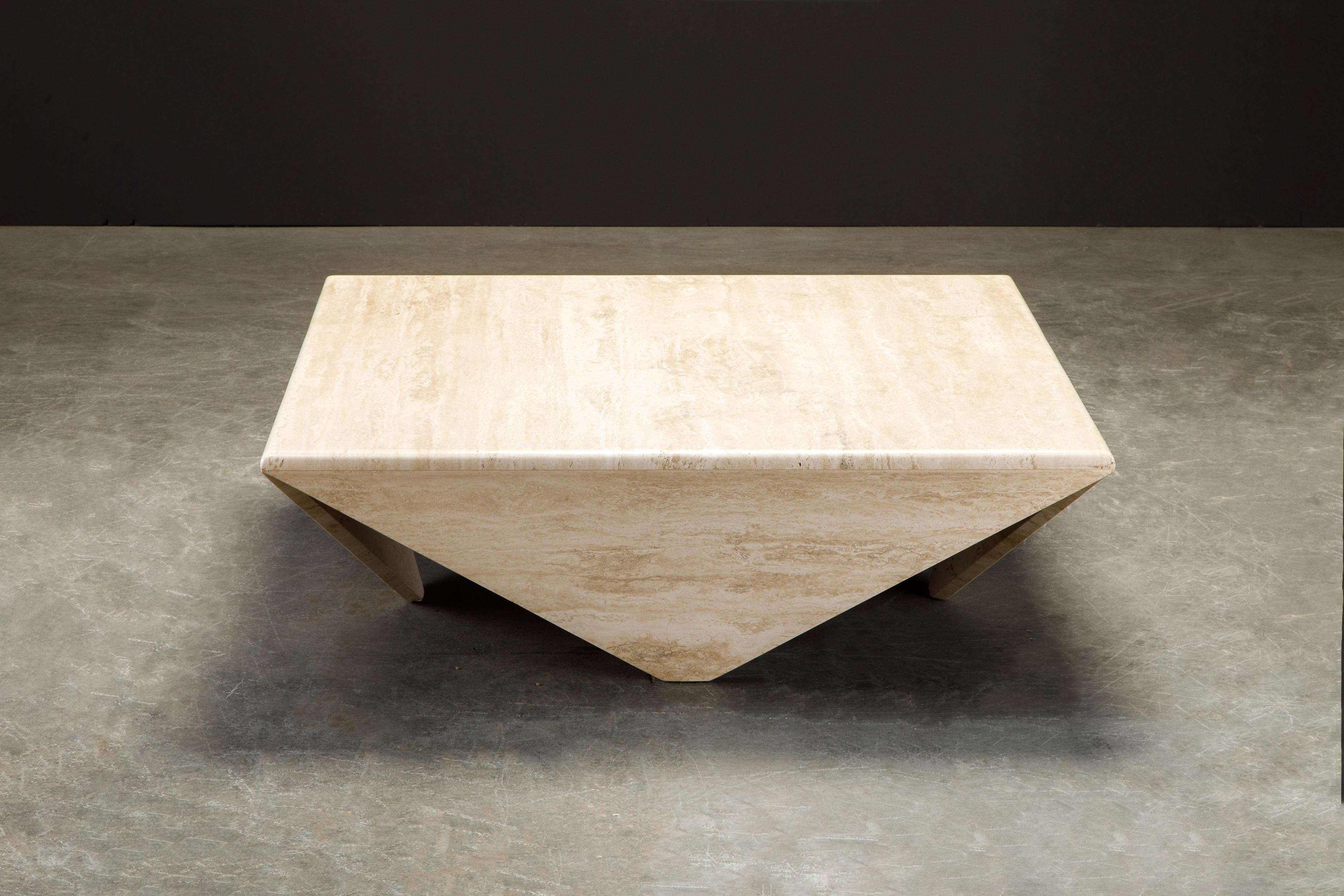 Post-Modern Travertine Coffee Table with Unique Triangular Legs, circa 1980s In Good Condition In Los Angeles, CA