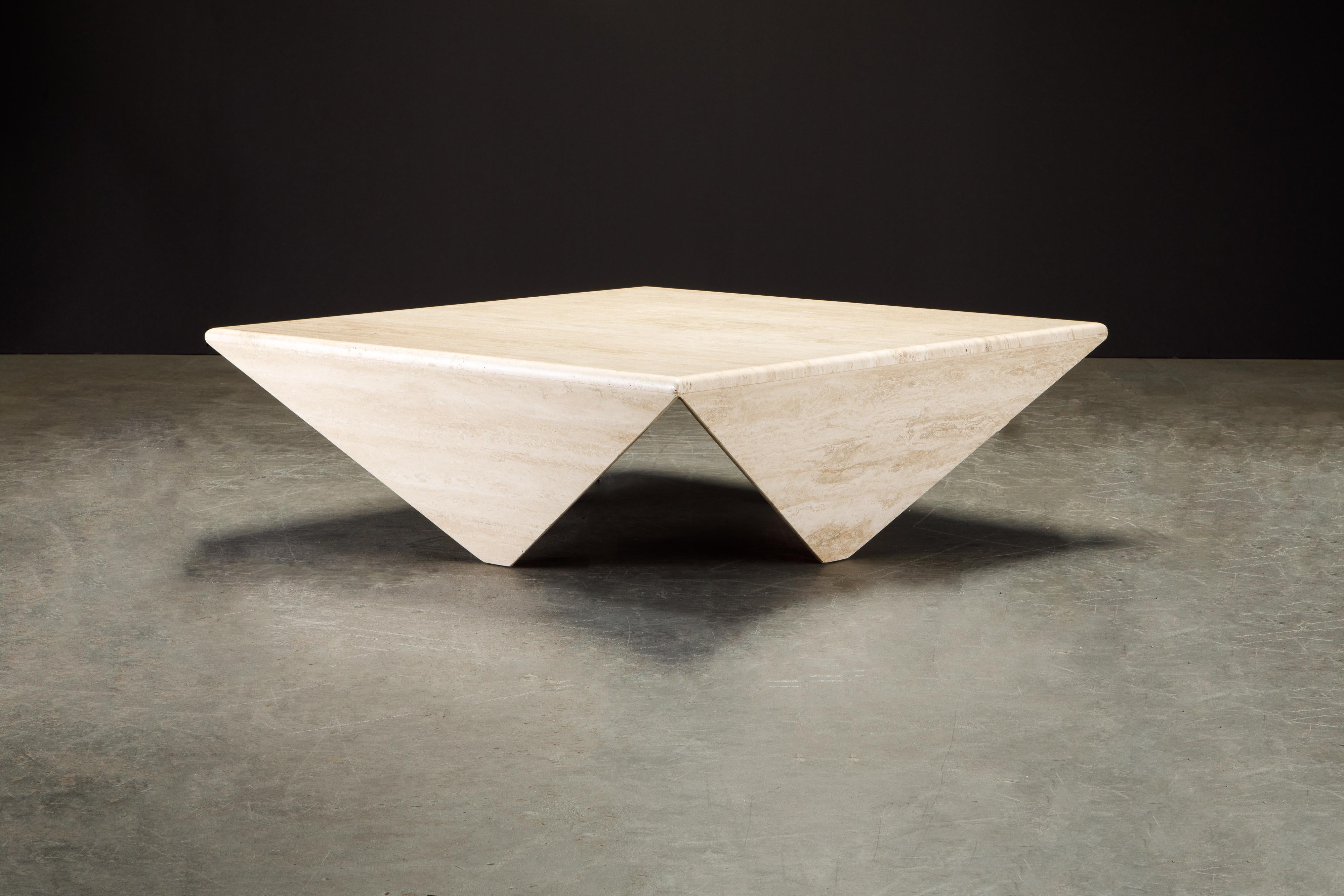 Post-Modern Travertine Coffee Table with Unique Triangular Legs, circa 1980s 1