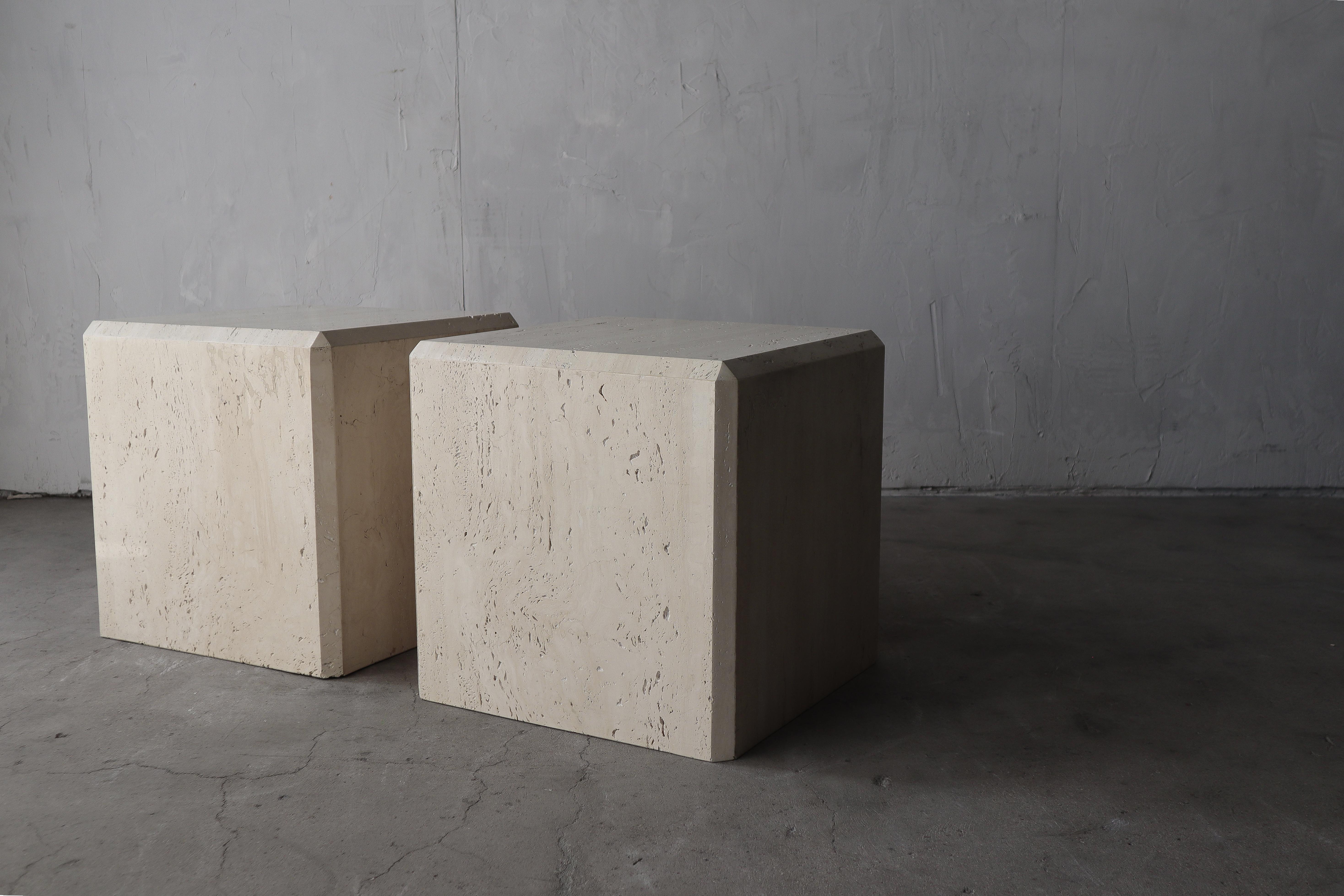 Polished Post-Modern Travertine Cube Side Tables