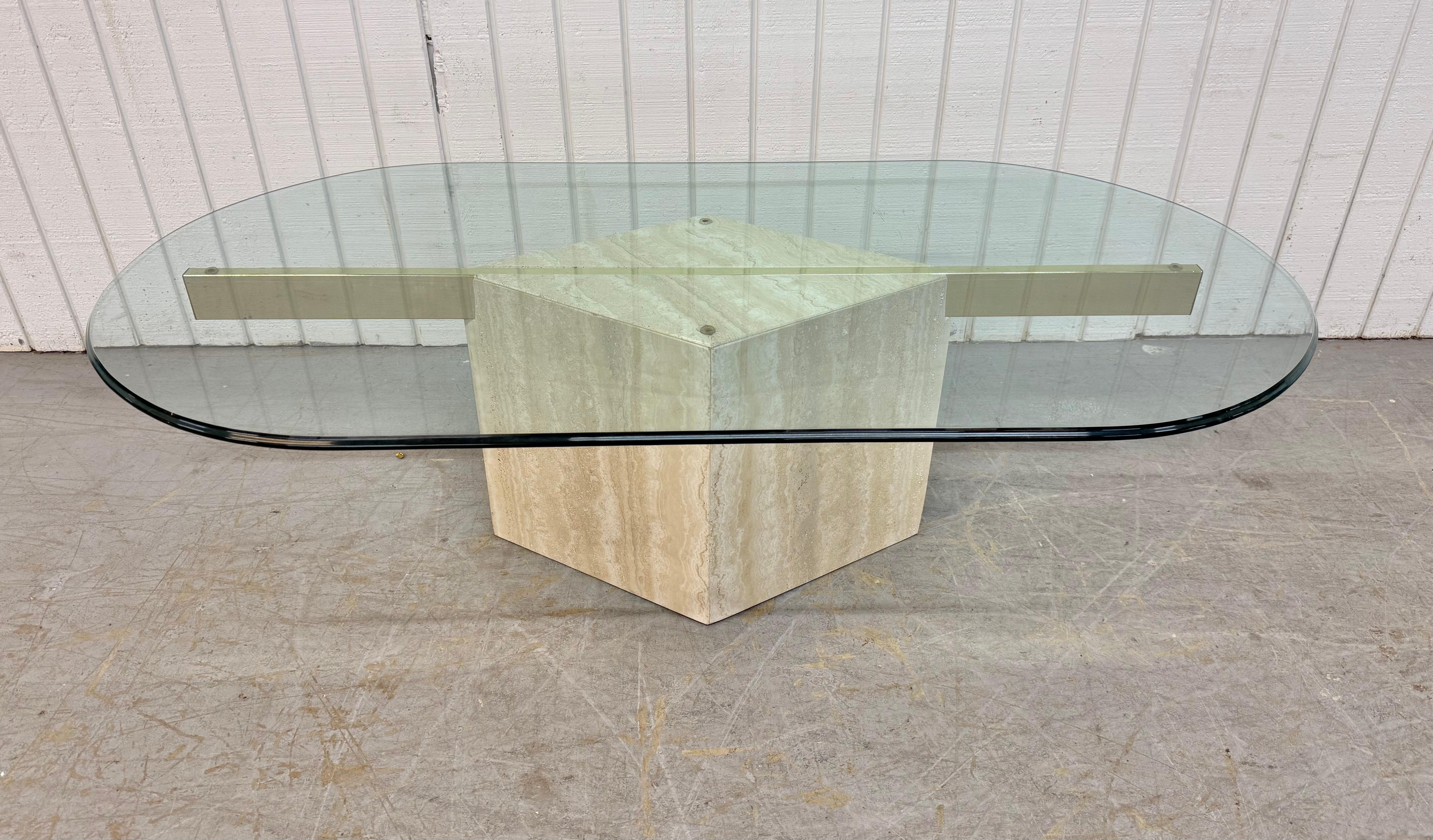 Late 20th Century Post Modern Travertine Glass Top Coffee Table For Sale
