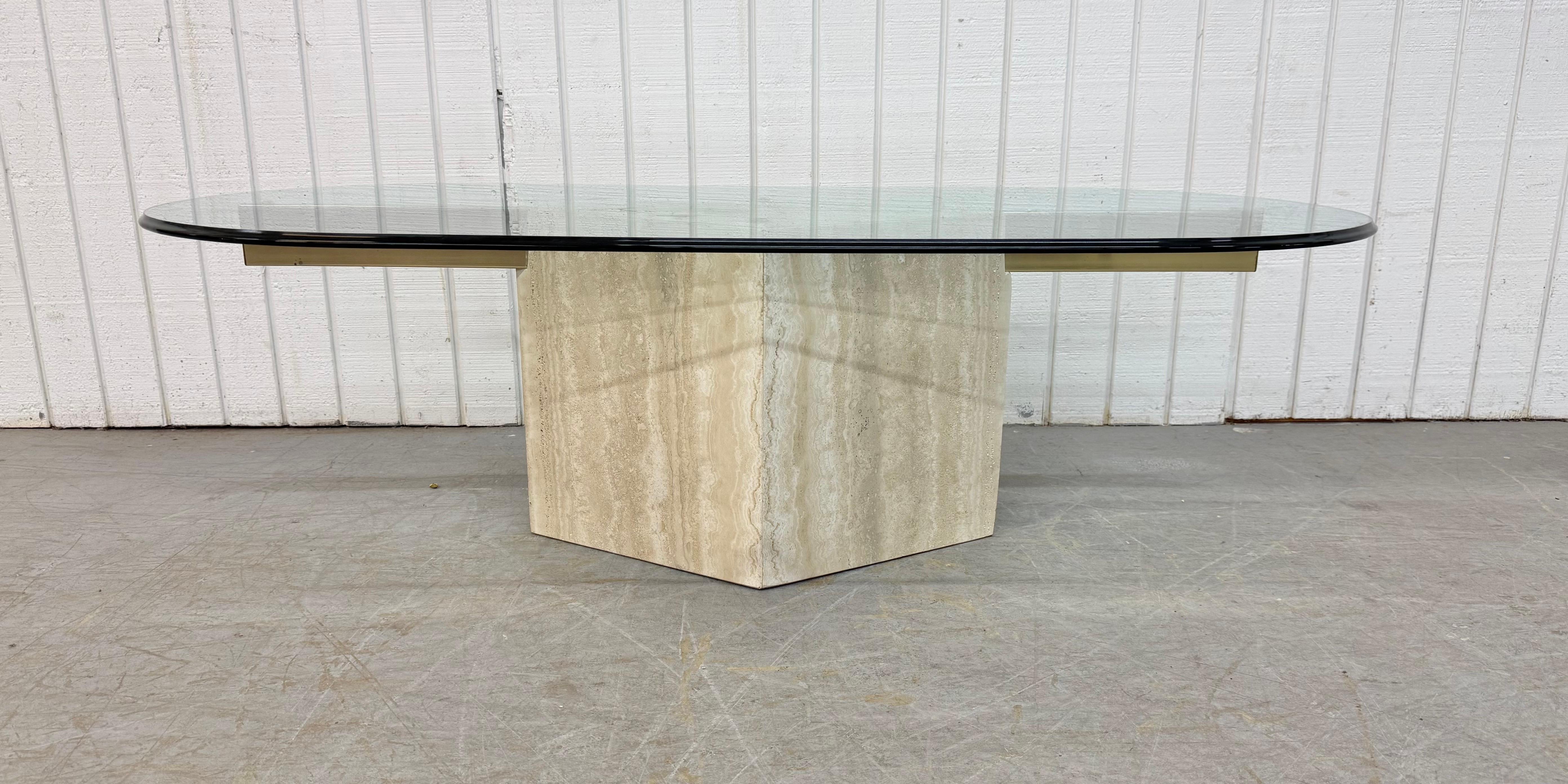 Brass Post Modern Travertine Glass Top Coffee Table For Sale