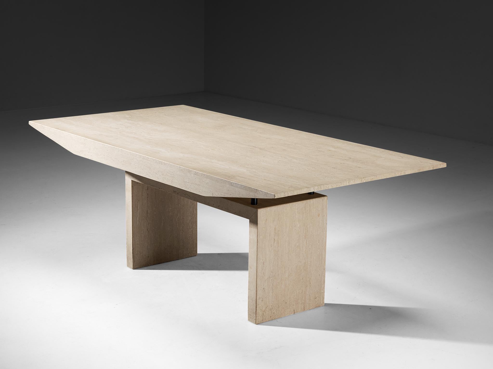 Dining table, travertine, lacquered steel, Italy, 1980s

This Italian-designed dining table is made from travertine, and features a  robust, architecturally inspired structure defined by a rectilinear, angular design with distinct apertures. The