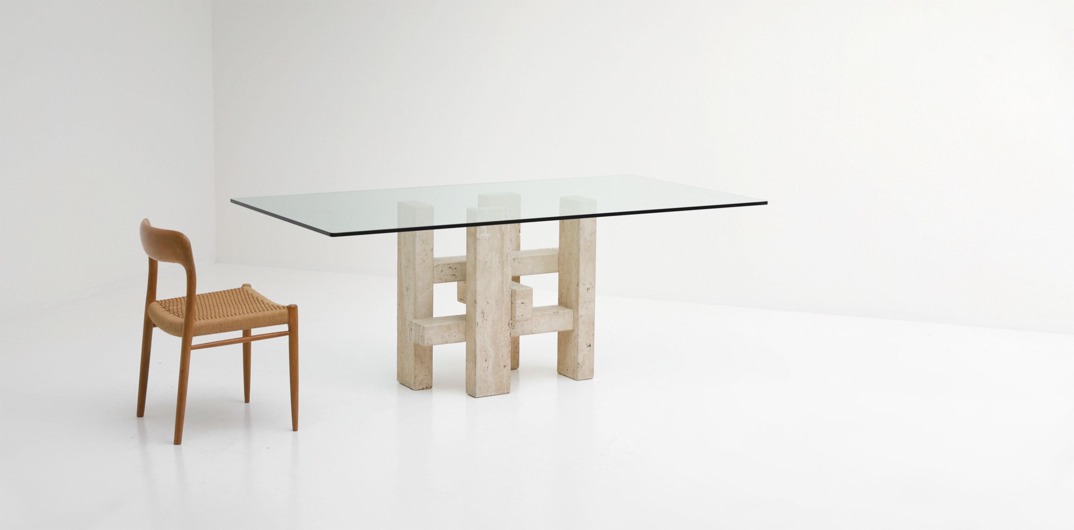 Glass Postmodern Travertine Sculptural Dining Table