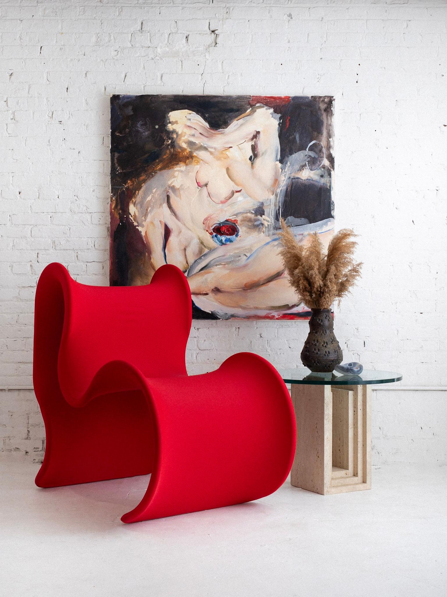 Table d'appoint postmoderne en travertin avec plateau en verre en vente 4