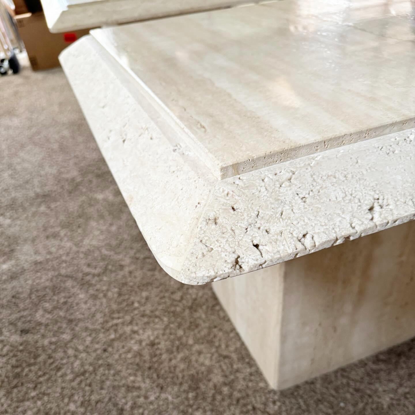 Italian Travertine Square Beveled Top Side Tables – a Pair For Sale 3
