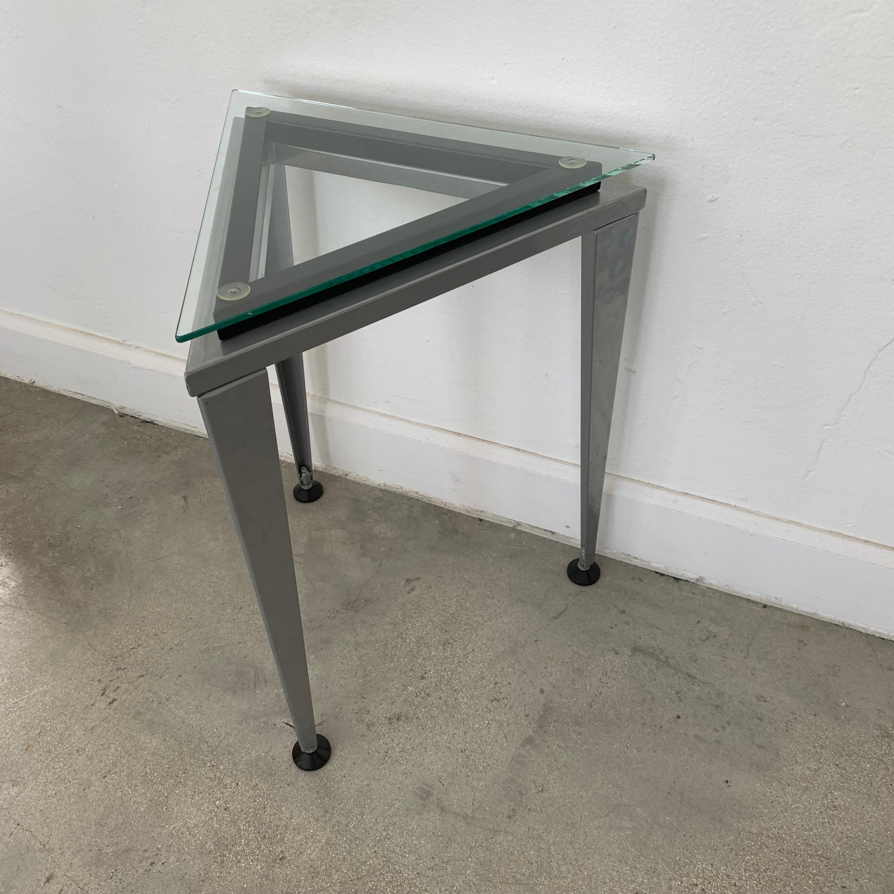 American Postmodern Triangular Glass and Steel Occasional or Drinks Tables