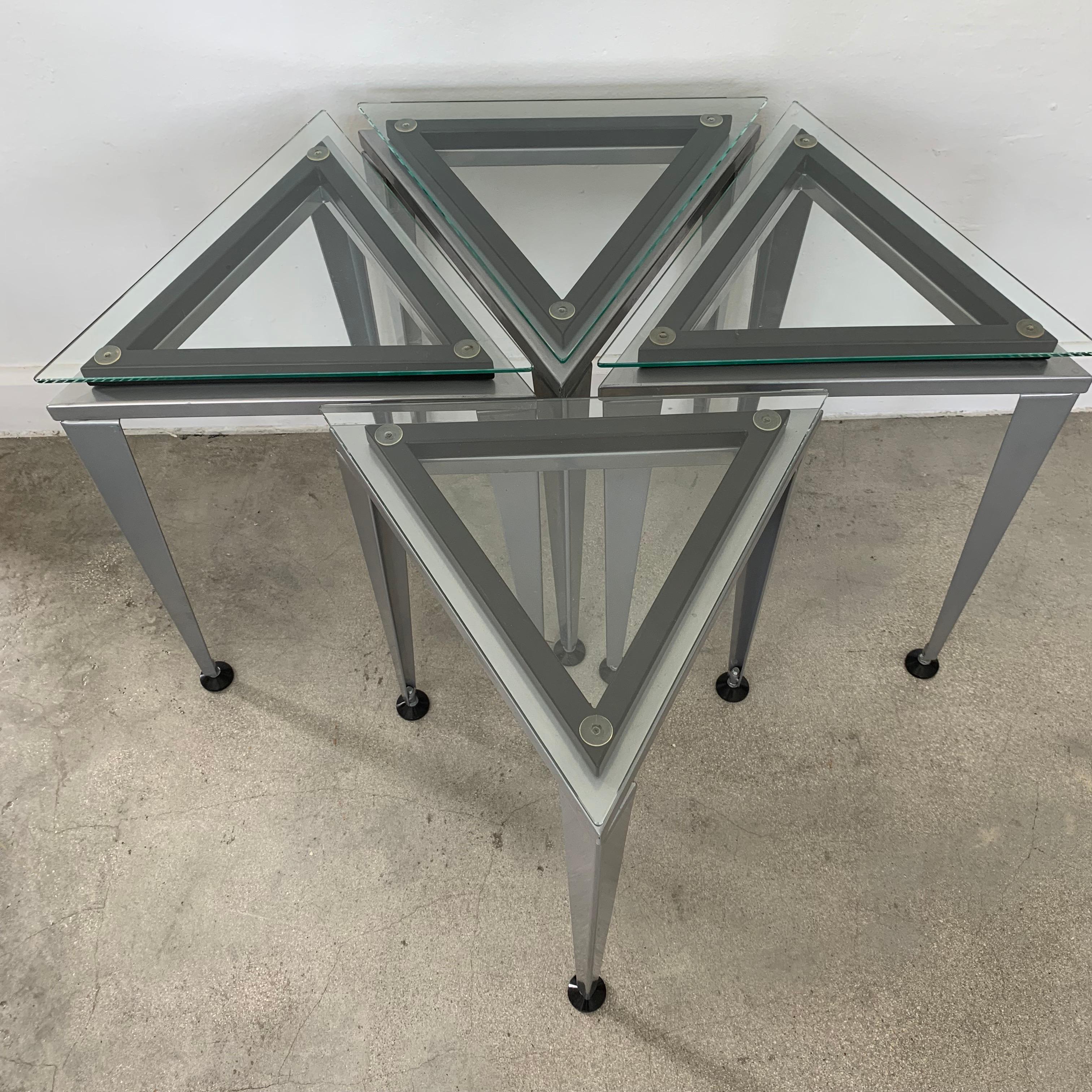 Late 20th Century Postmodern Triangular Glass and Steel Occasional or Drinks Tables