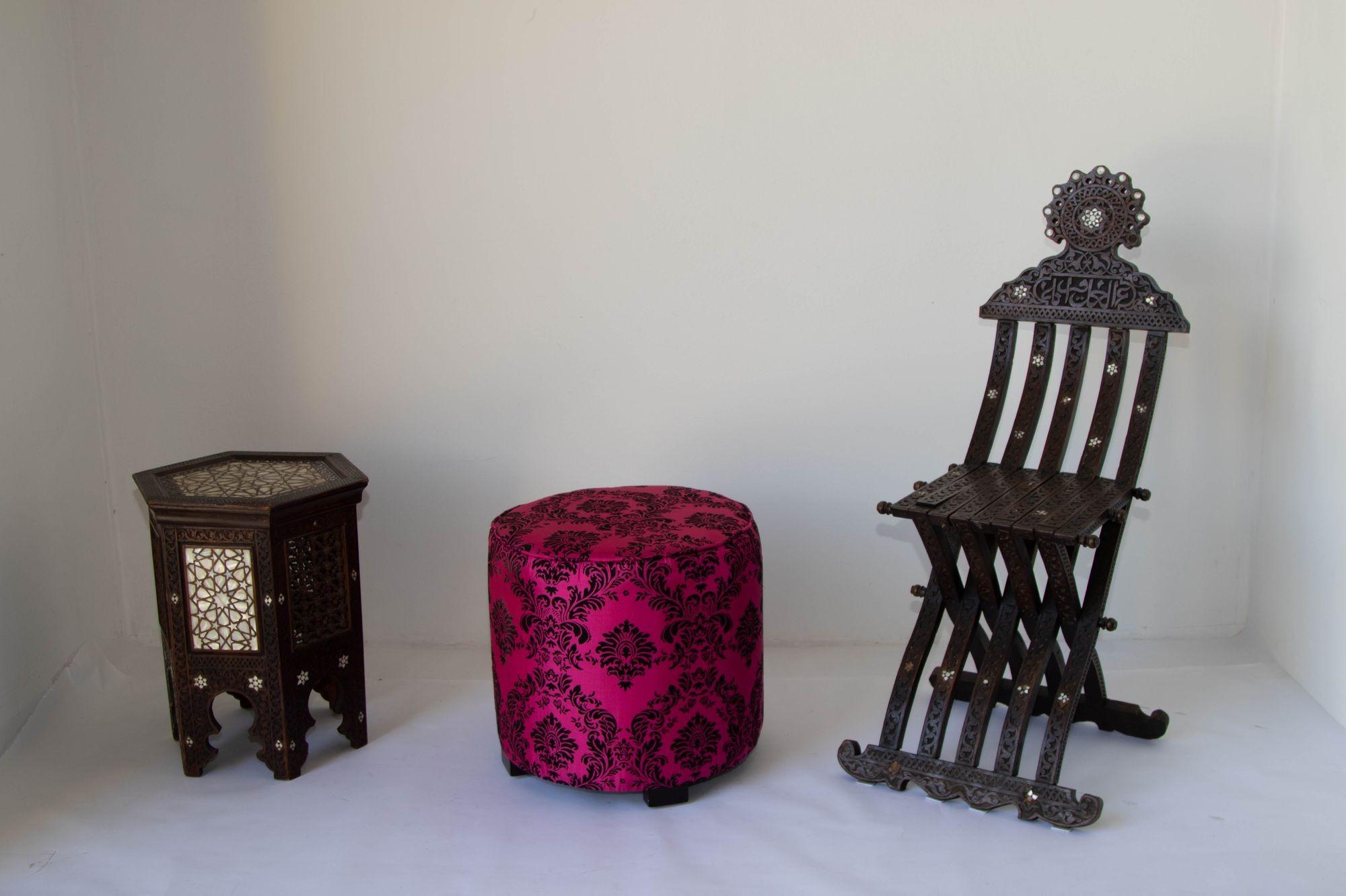 Post Modern Upholstered Moroccan Art Deco Style Pouf in Hot Fuchsia Color For Sale 9
