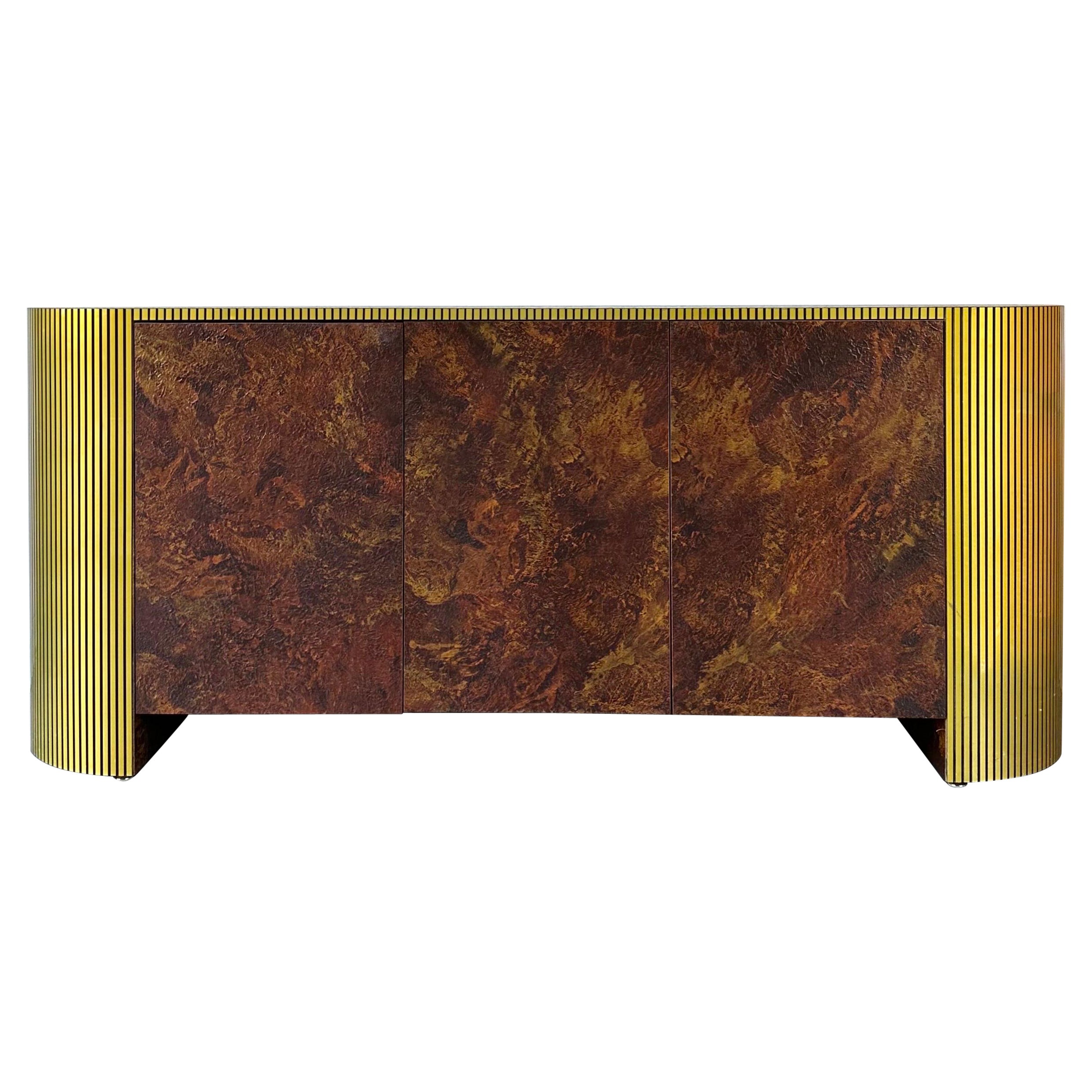 Post modern vintage faux Olive Burl and brass pill shape credenza