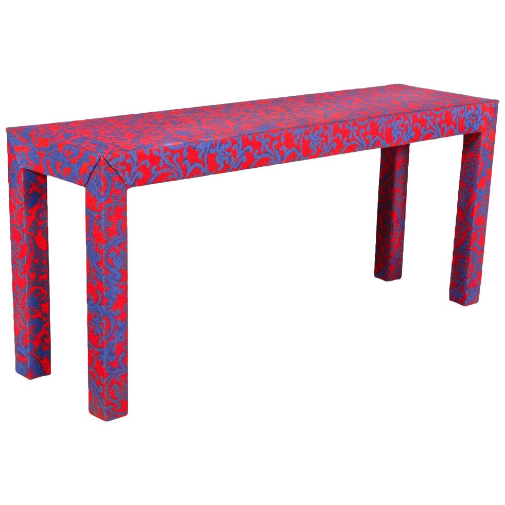Post-Modern Vintage Modern Red and Blue Upholstered Jacobean Coral Table