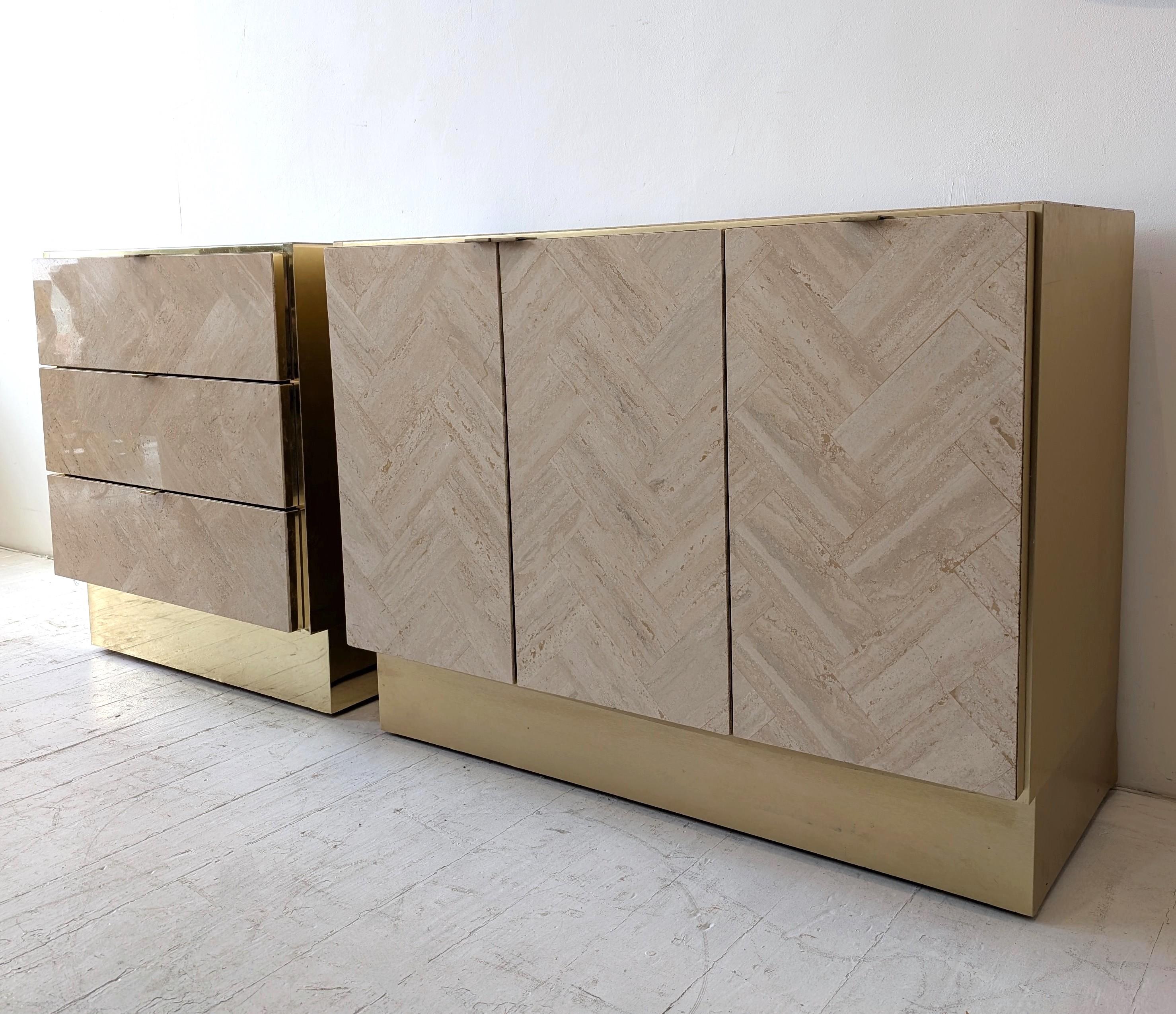 Armoire vintage post-moderne à 3 tiroirs en travertin et laiton d'Ello Furniture, années 1980 en vente 2