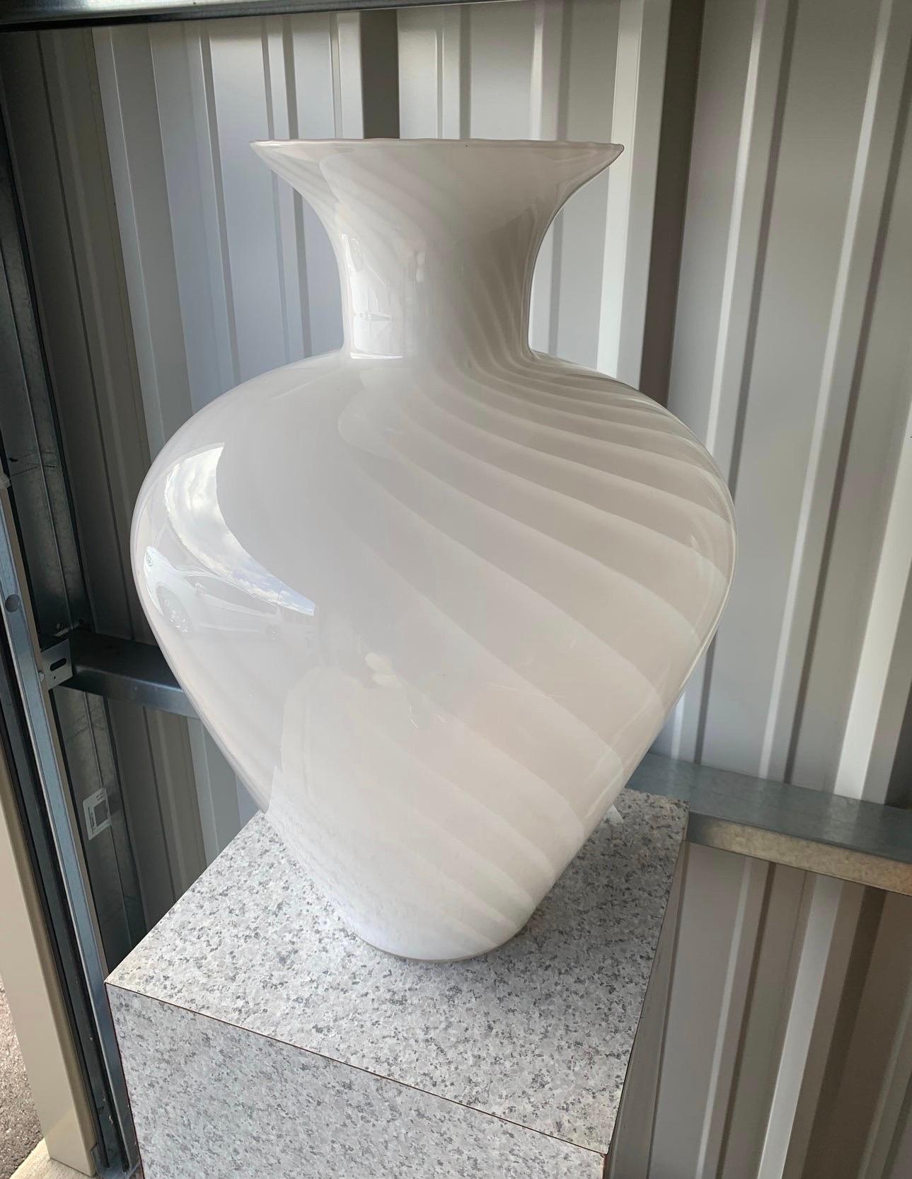 Vintage extra large Murano glass style hand blown vase! A beautiful white on frosted white monochromatic swirl pattern. It does have some bubbles here and there and the rounded rib at the top is not perfectly smooth. This adds to its handmade