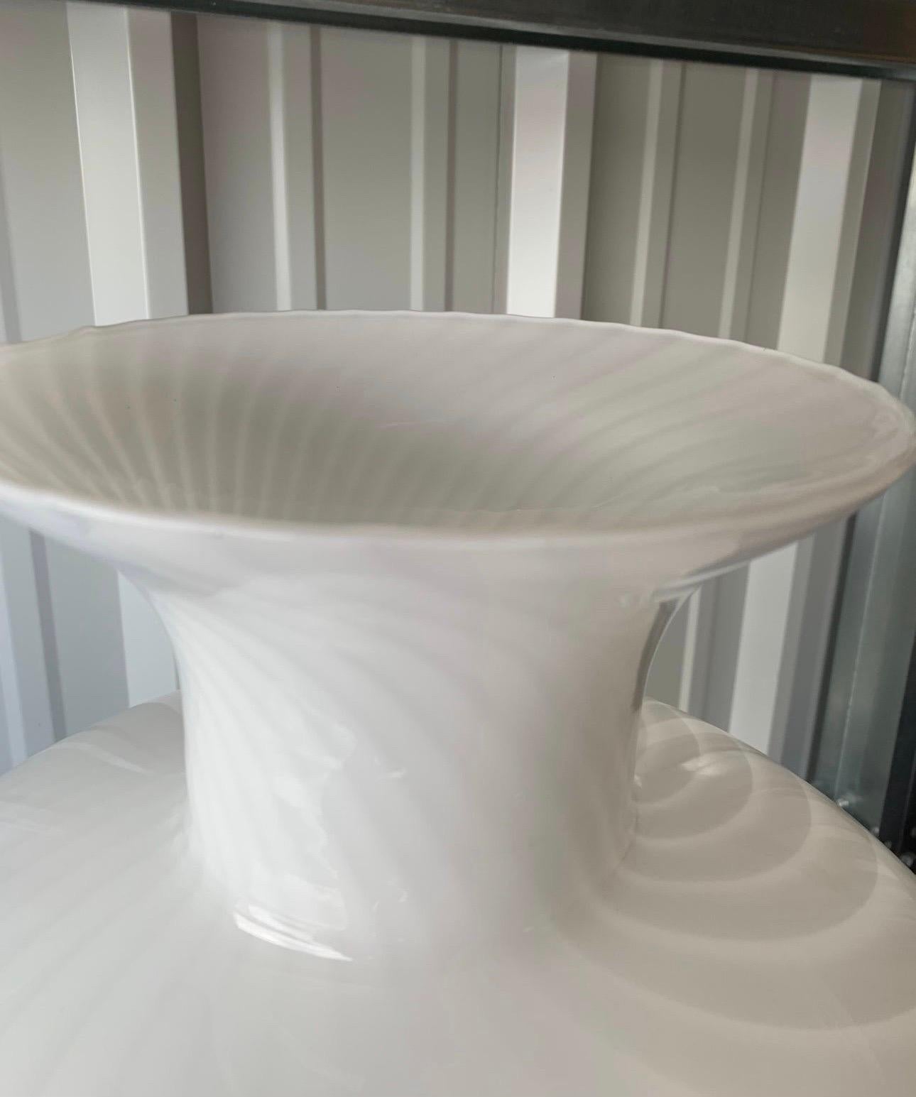Late 20th Century Post-Modern Vintage White Swirl Murano Style Hand Blown Glass Extra Large Vase For Sale