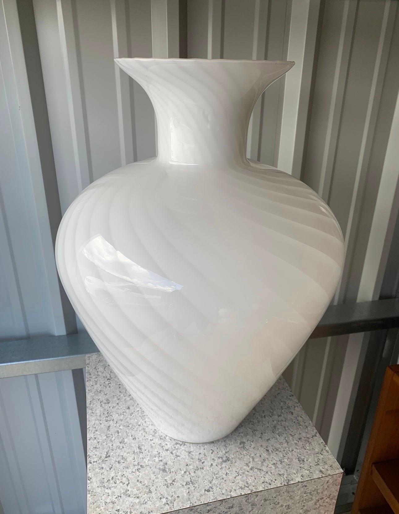 Post-Modern Vintage White Swirl Murano Style Hand Blown Glass Extra Large Vase For Sale 1