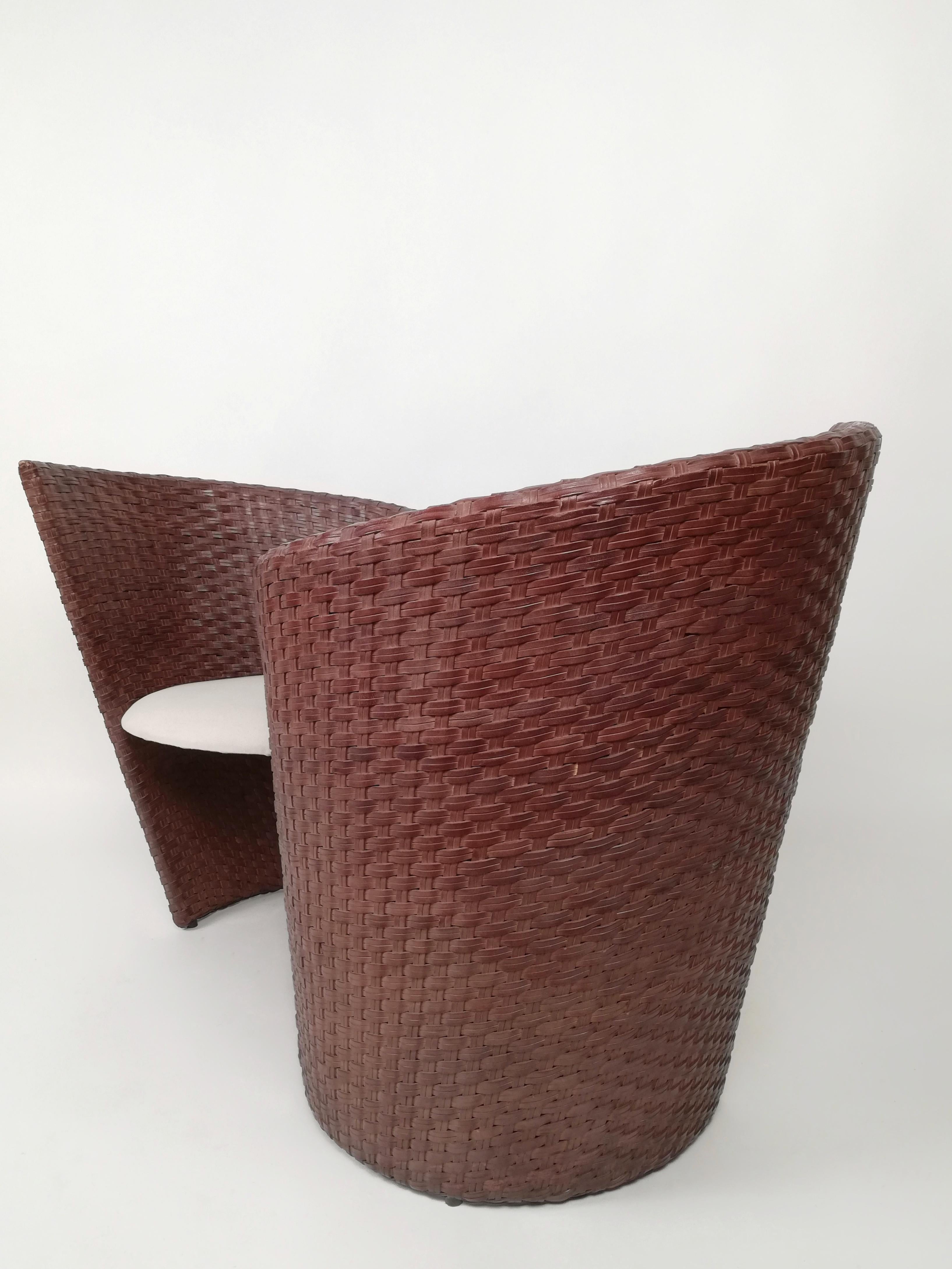 Post Modern Vis à Vis Sofa by Nico Devito in Hand-Woven, Leather Wood and Bamboo In Good Condition For Sale In Roma, IT