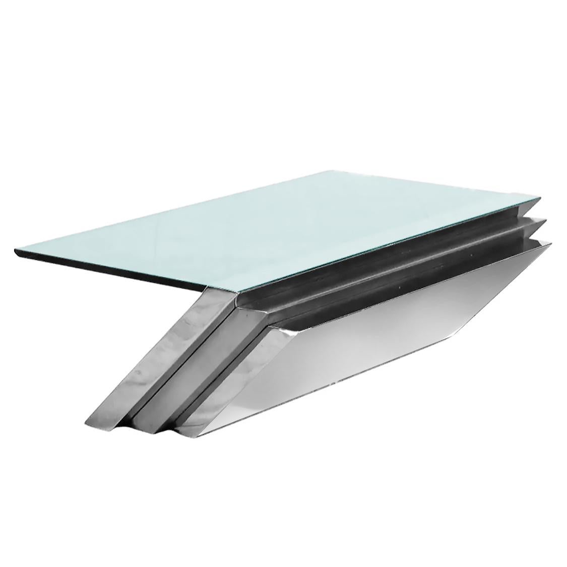 Post Modern Wade Beam Brueton Cantilevered Coffee Table in chrome

Offered for sale is a 1990s post-modern chrome and polished beveled cantilevered glass coffee table by J. Wade Beam for Brueton of New York.
The substantial table appears to defy