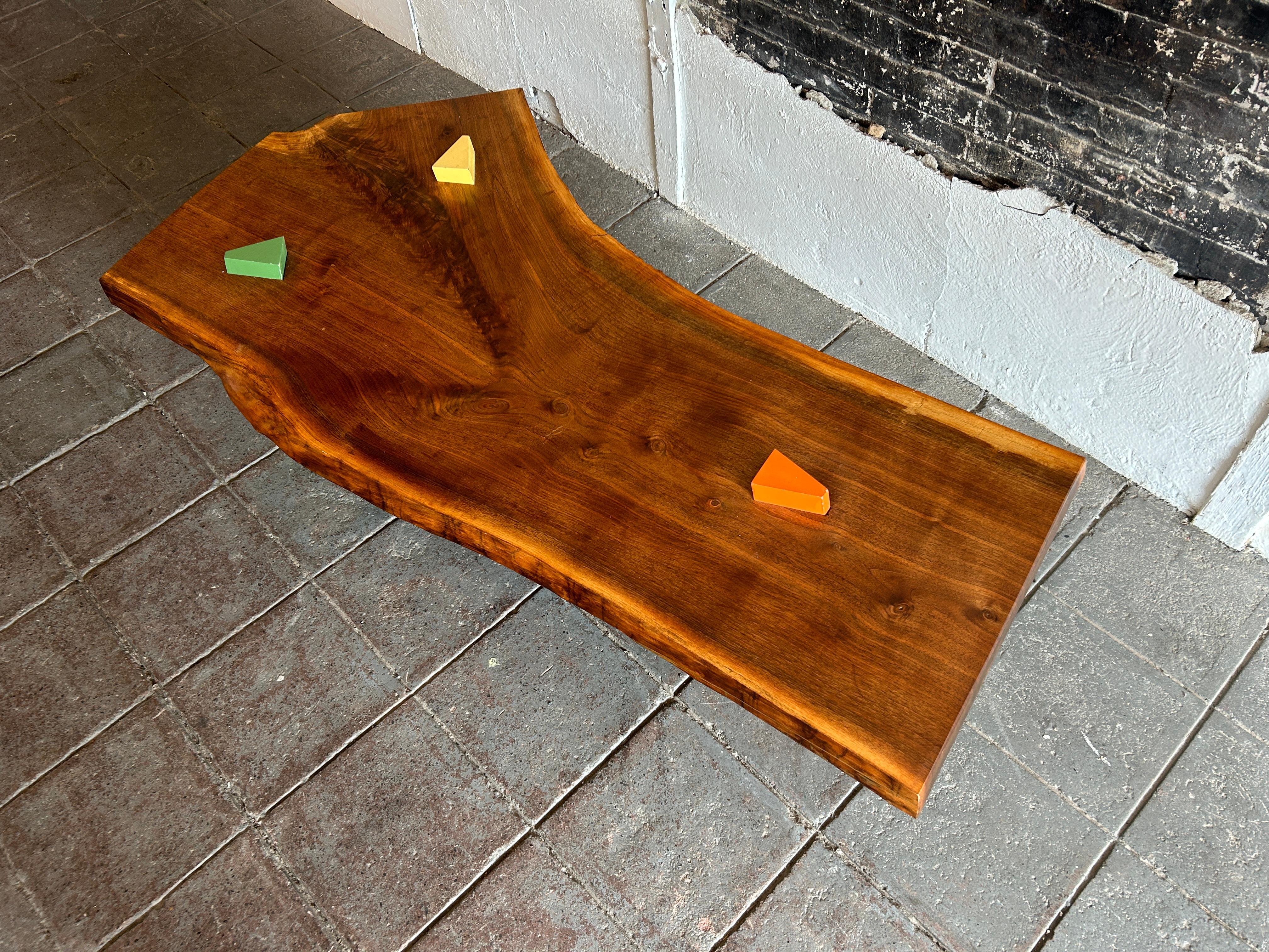 Woodwork Post Modern Walnut Slab coffee table with colored triangle legs studio craft For Sale