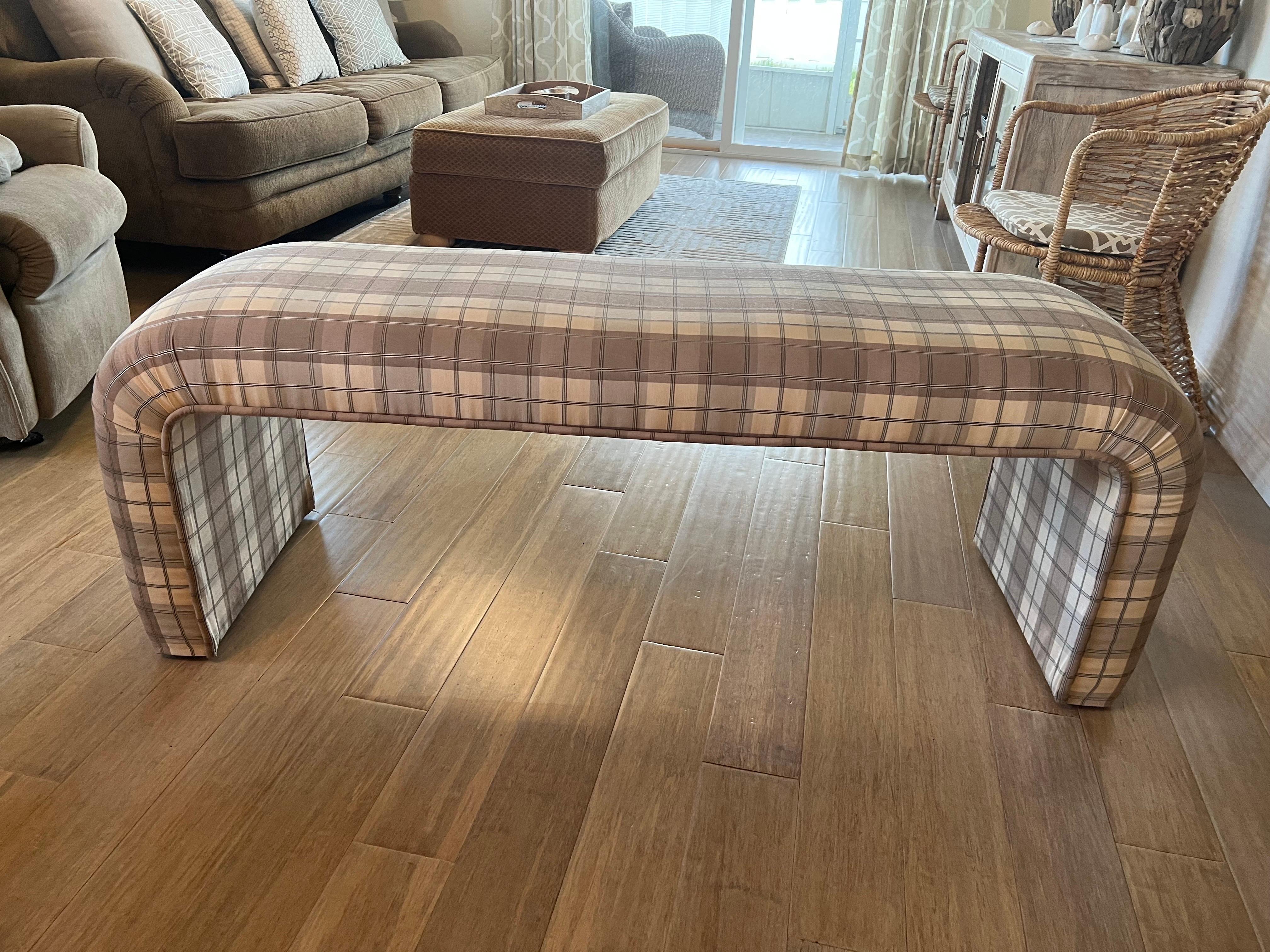 Post Modern Waterfall Bench in the style of Milo Baughman. Classic shape and design. The plaid moire fabric is in great condition so does not need to be replaced. But would also look great in a colorful contemporary fabric. Perfect for at the end of