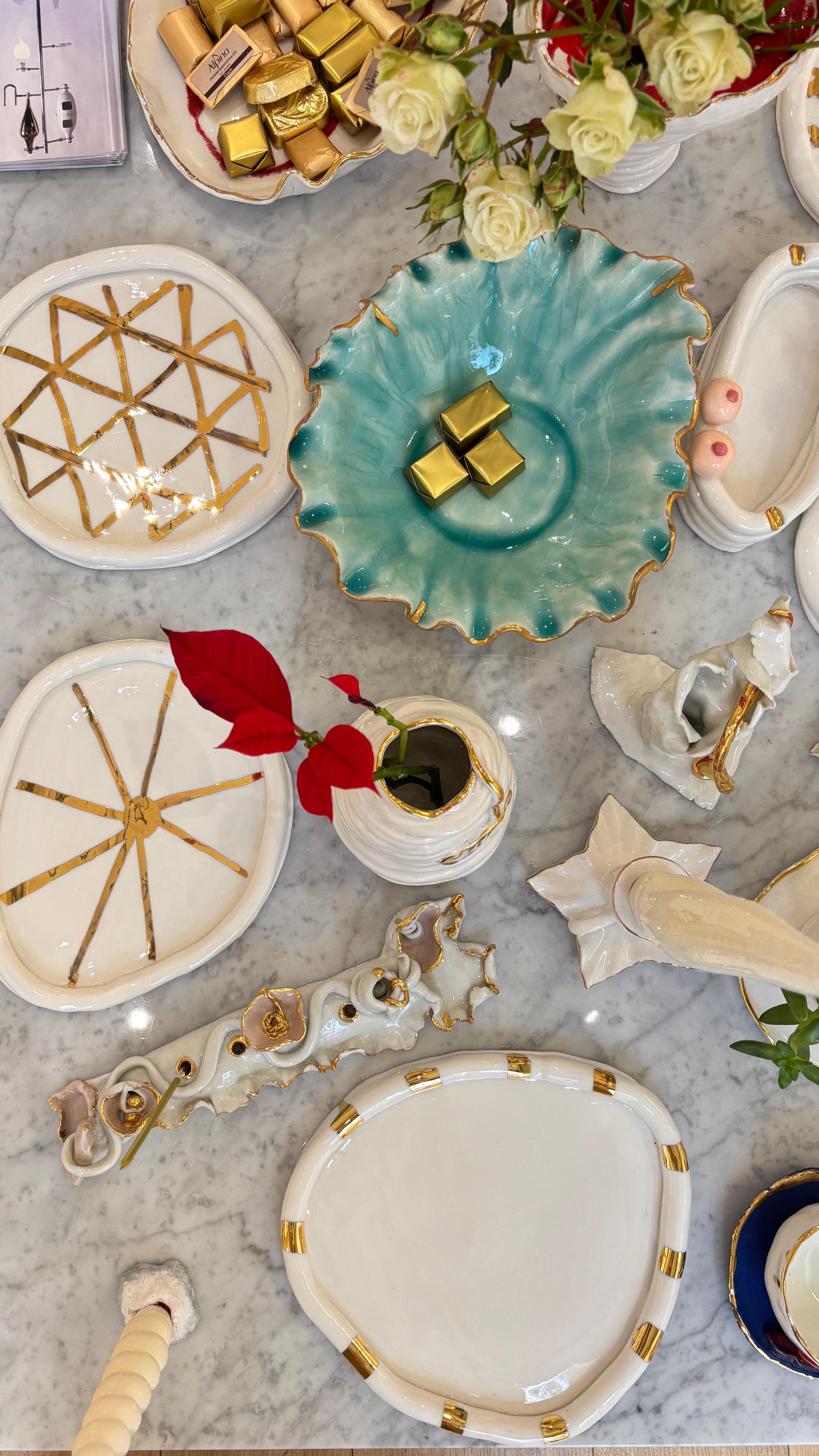 Post Modern Inspired White and Gold Unique Porcelain Plates by Hania Jneid For Sale 13