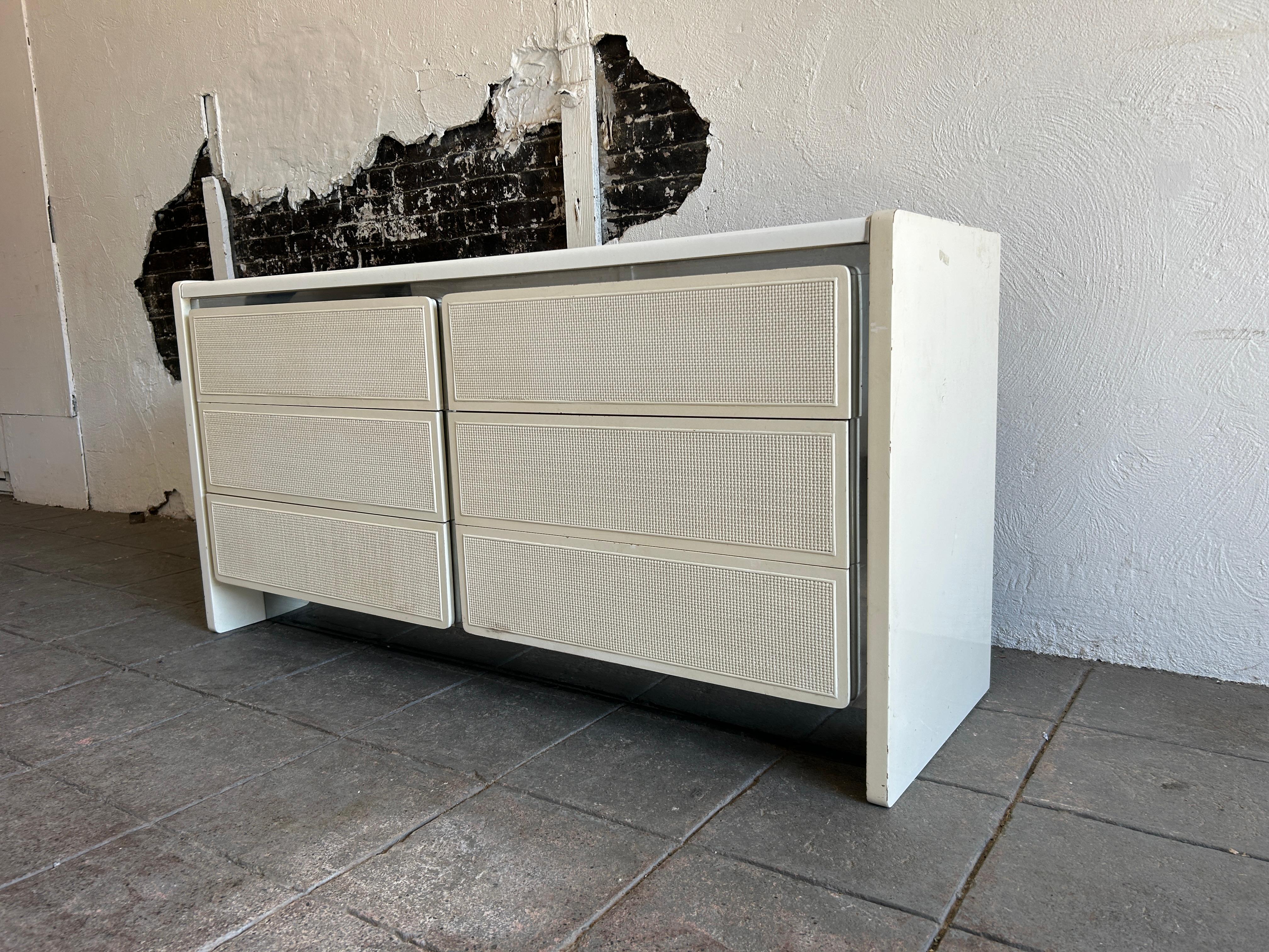 American Post modern white cane chrome 6 drawer dresser credenza For Sale