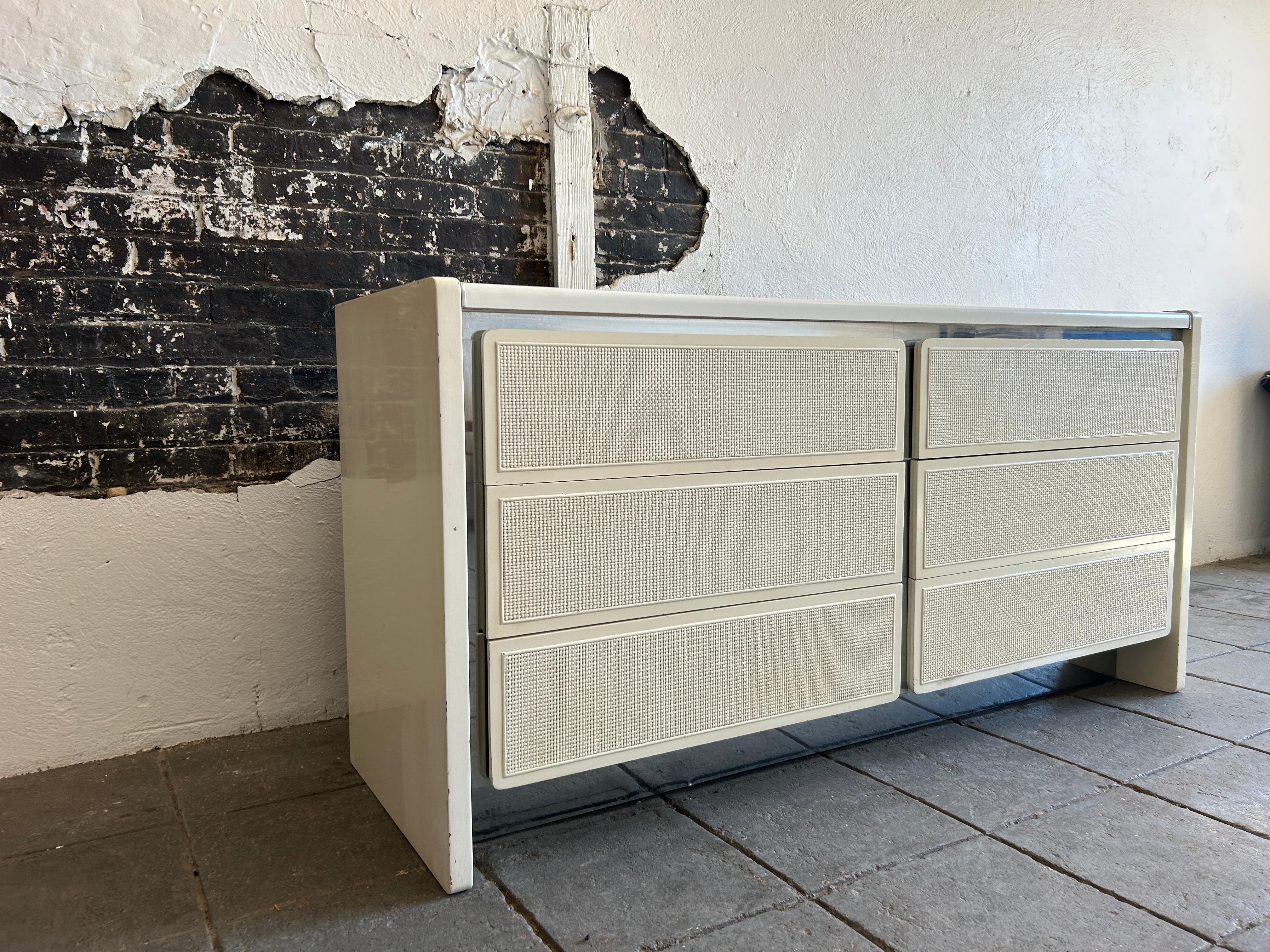 Cane Post modern white cane chrome 6 drawer dresser credenza For Sale