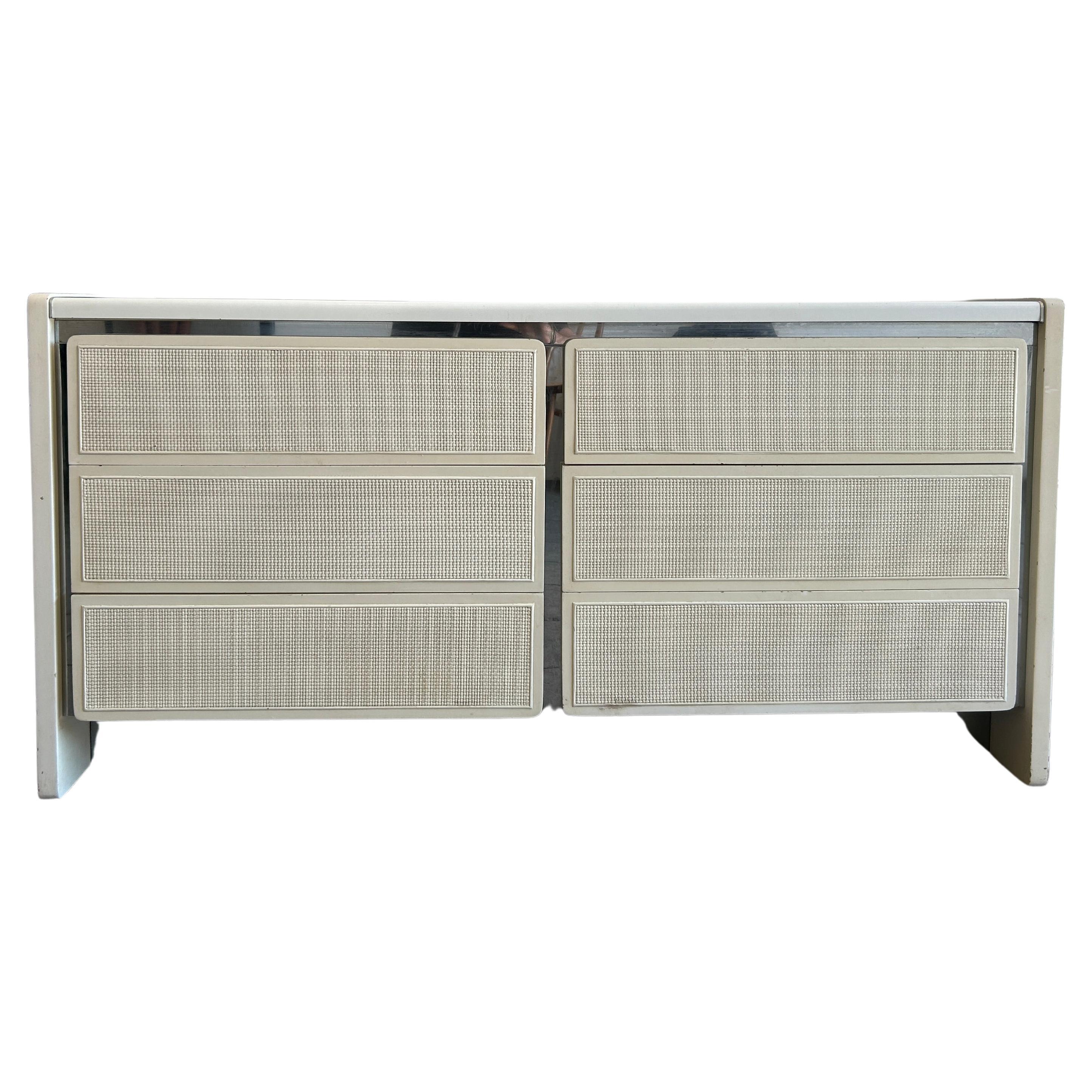 Post modern white cane chrome 6 drawer dresser credenza For Sale