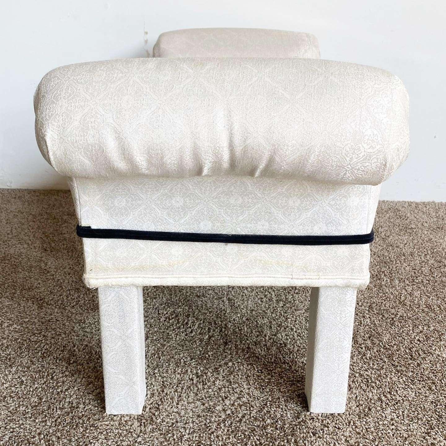 Fabric Post Modern White Flair Bench With Black Trim For Sale