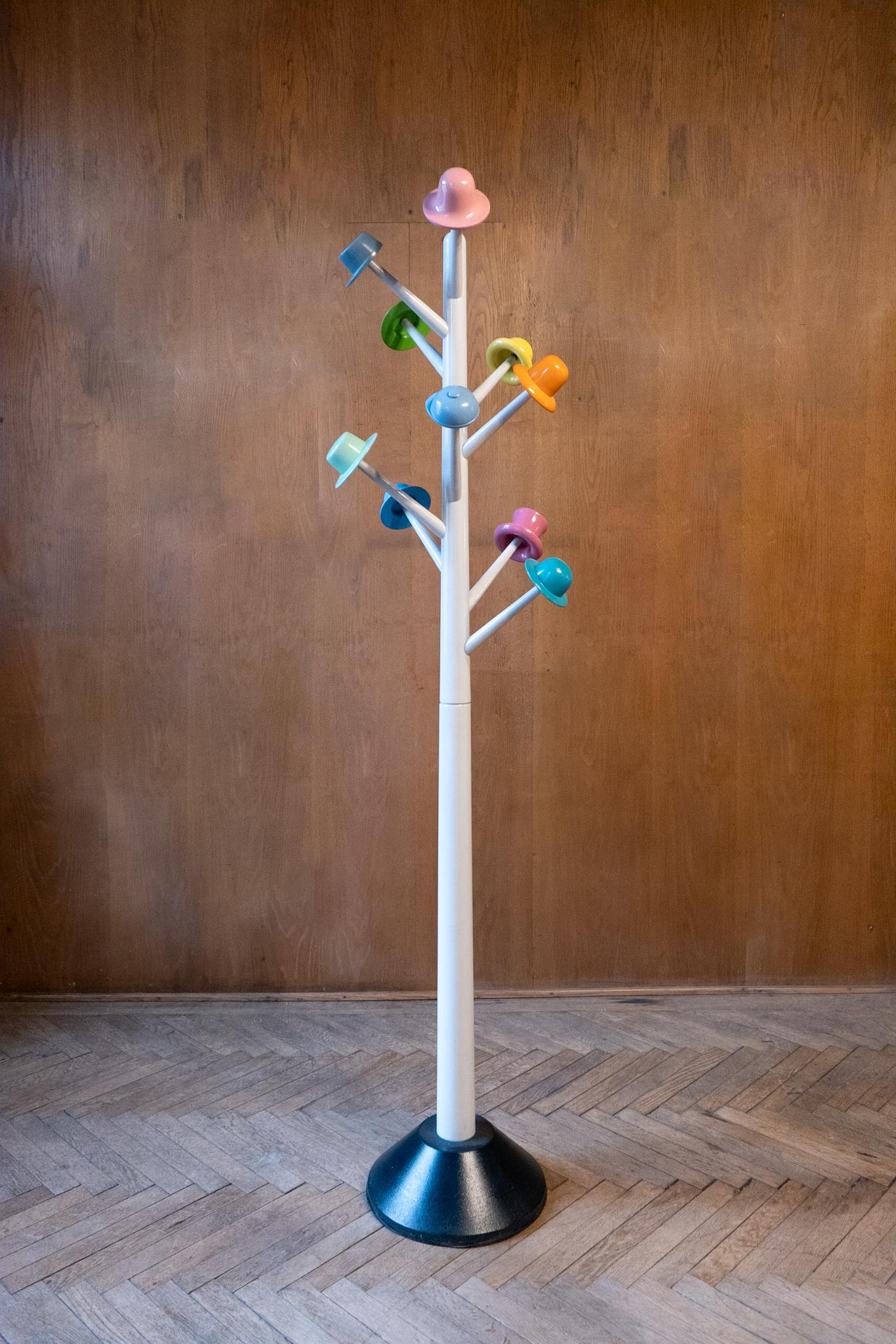 Late 20th Century Post-Modern White Metal Coat Rack with Multi-Colored Hooks by Ugo Nespolo, 1980s