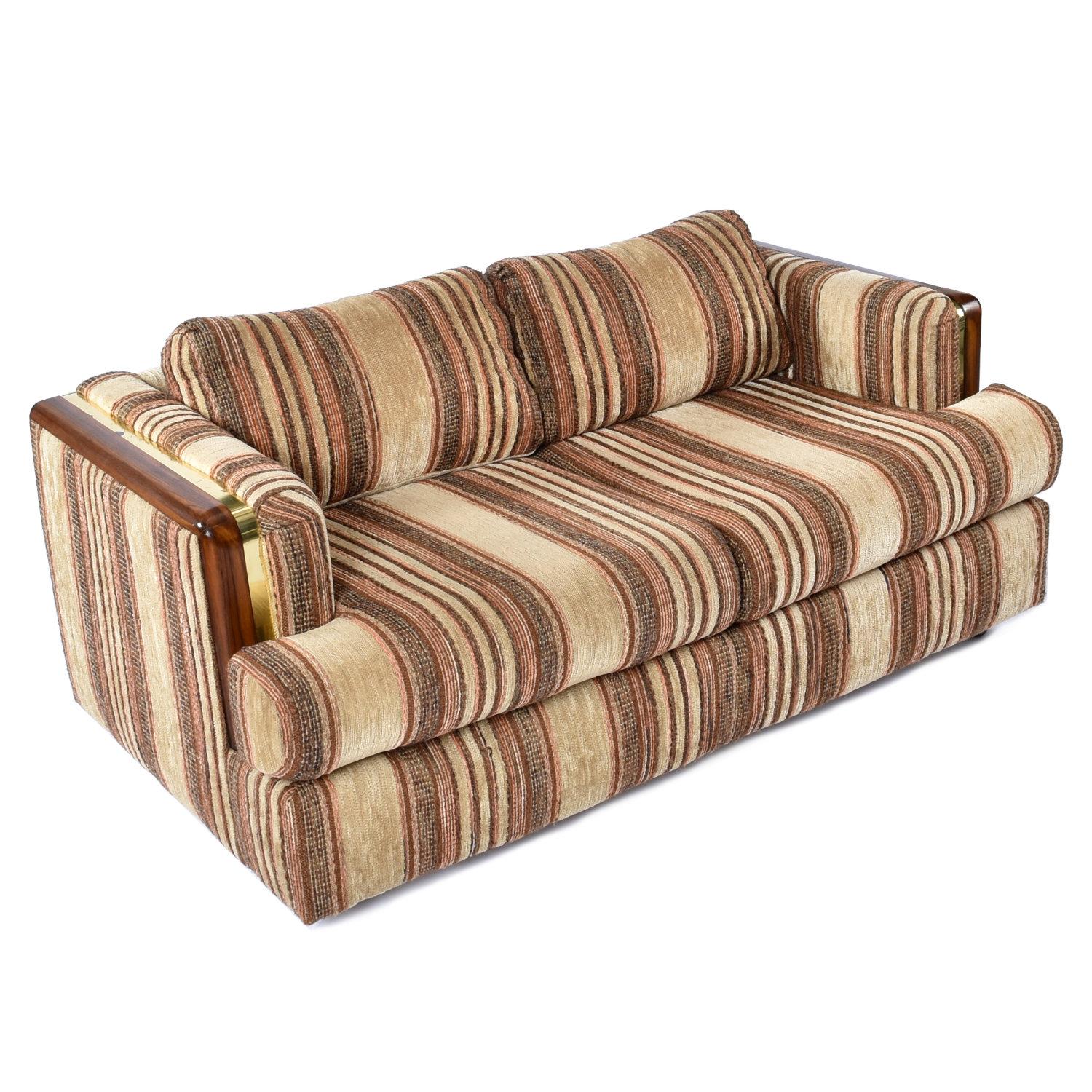 American Post Modern Wood and Brass Accent Living Room Set Sofa Love Seat and Armchair