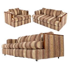 Vintage Post Modern Wood and Brass Accent Living Room Set Sofa Love Seat and Armchair