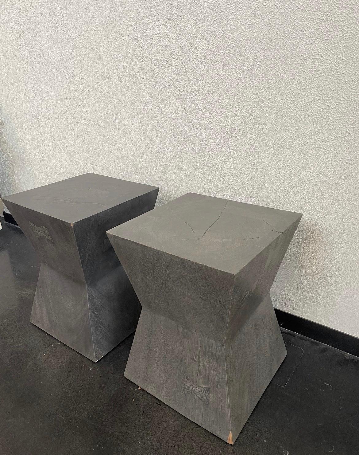 Post modern solid wood side table/stool. Rich charcoal color, a pair. Believed to be from Restoration Hardware but cannot confirm.