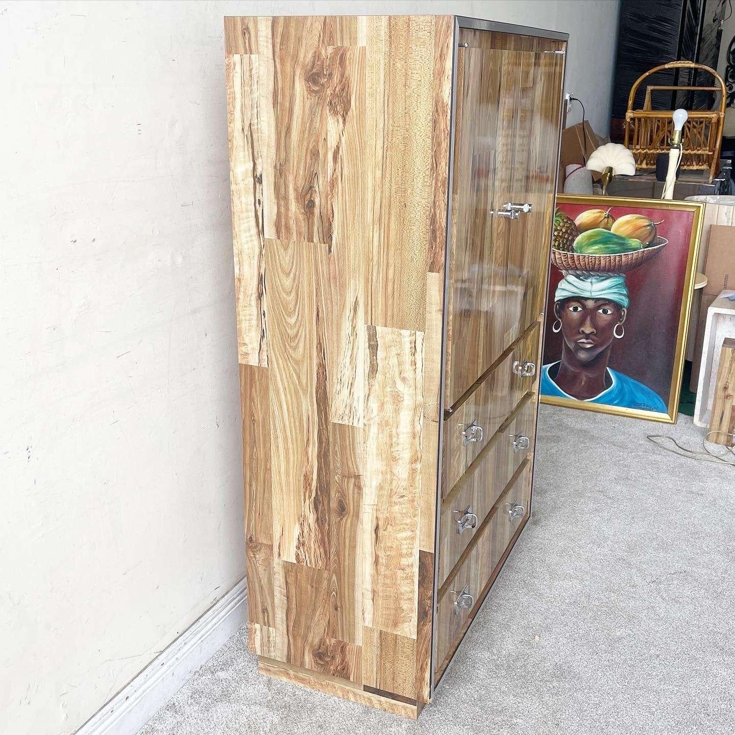 Post Modern Woodgrain Laminate and Chrome Armoire In Good Condition For Sale In Delray Beach, FL