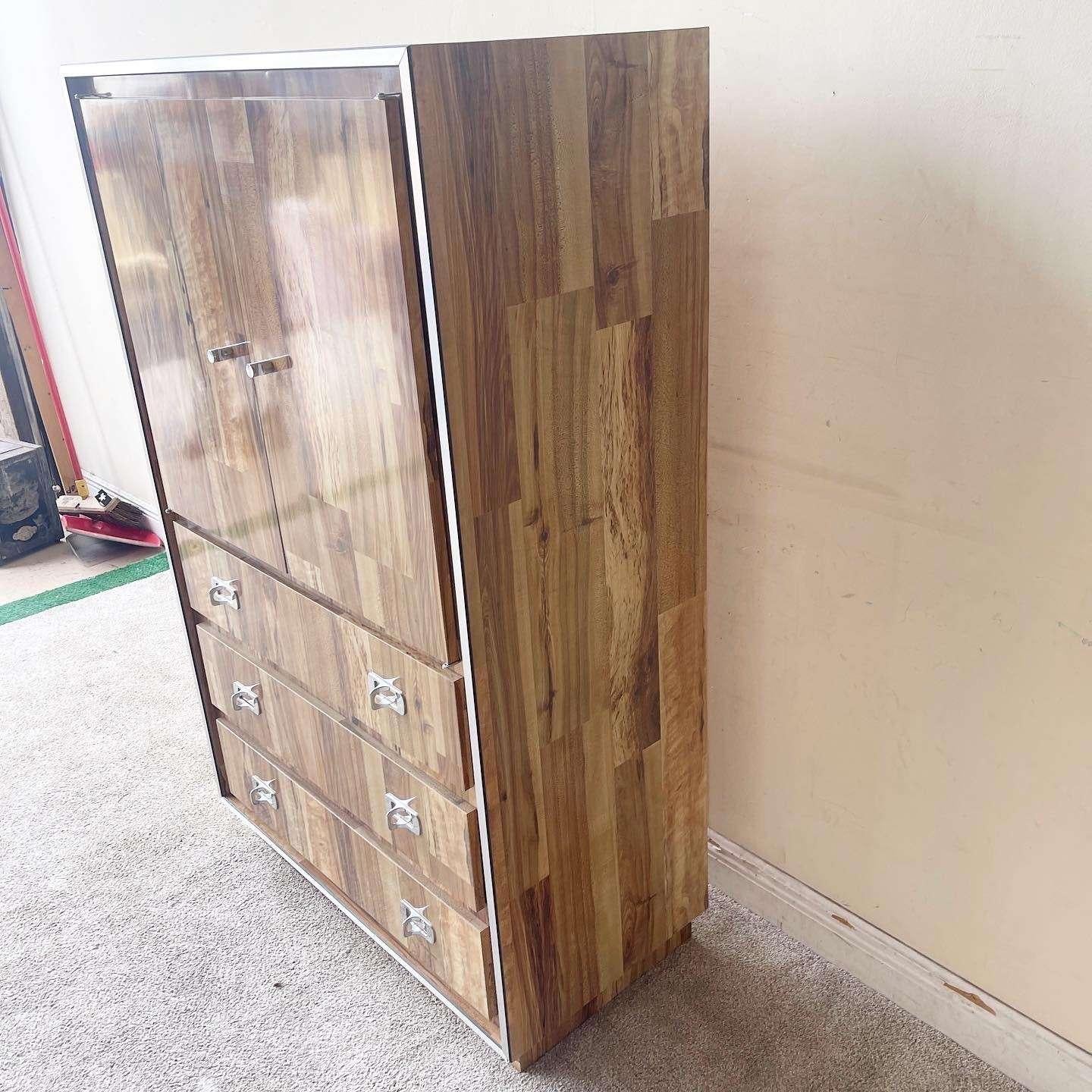 Late 20th Century Post Modern Woodgrain Laminate and Chrome Armoire For Sale
