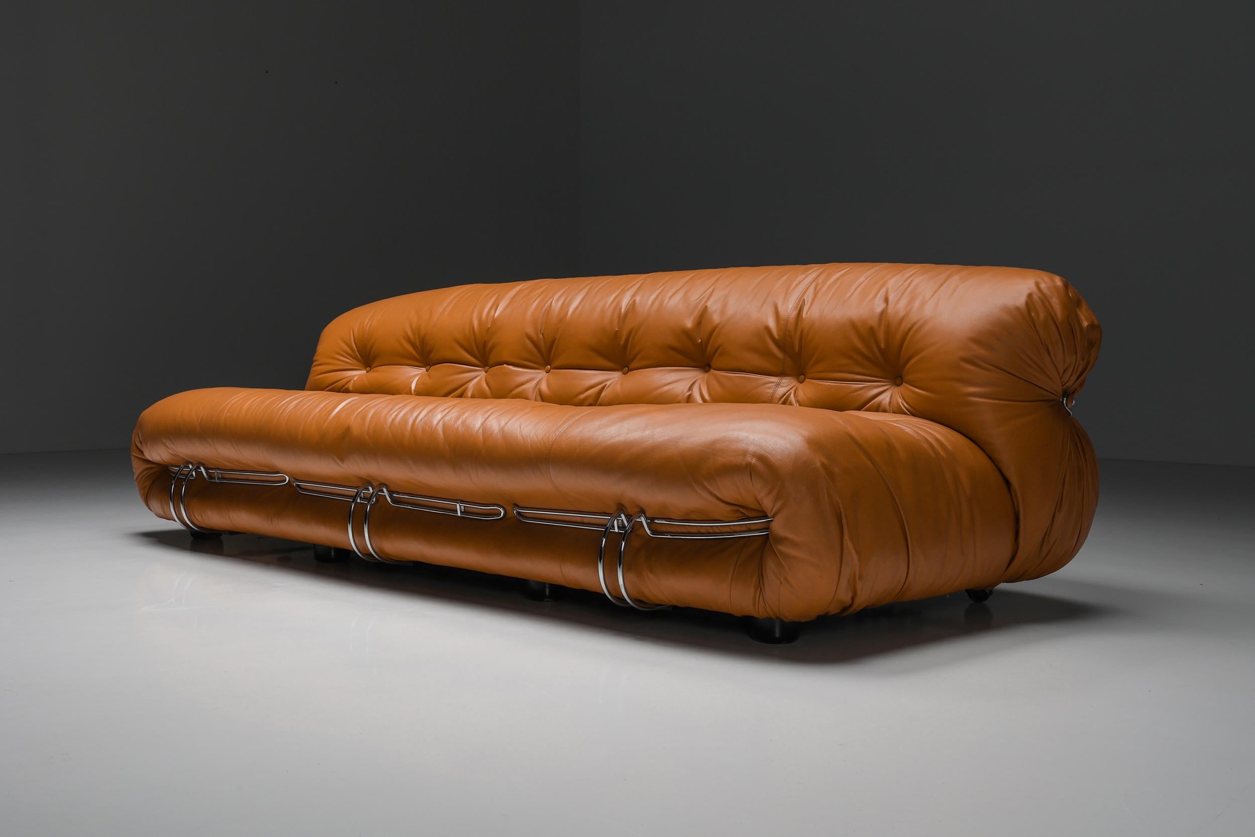Italian Post-Modern, Cassina 'Soriana' Cognac Leather Sofa by Afra and Tobia Scarpa, 1970