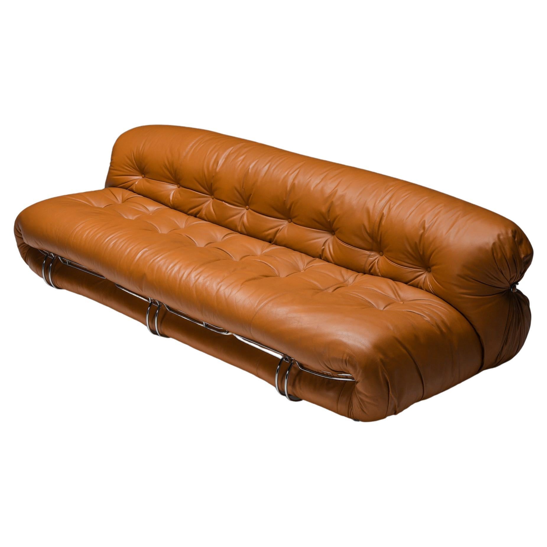 Post-Modern,Cassina 'Soriana' Cognac Leather Sofa by Afra and Tobia Scarpa, 1970