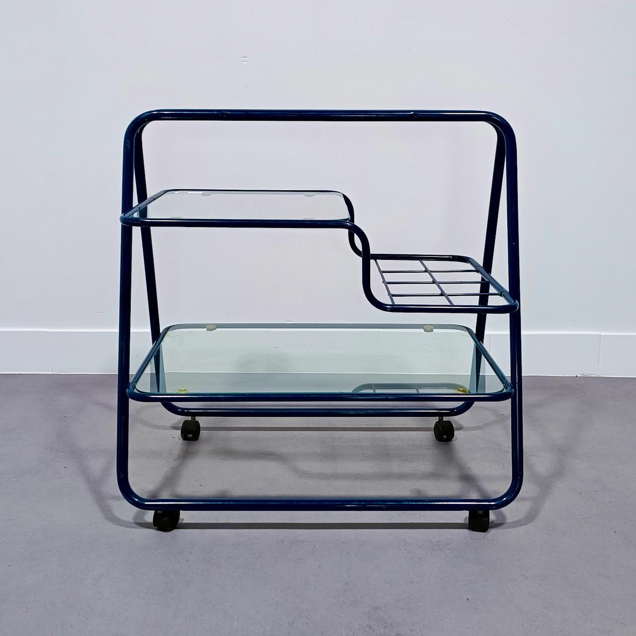 Belgian Post Modernism Pop Art style blue tubular bar cart For Sale